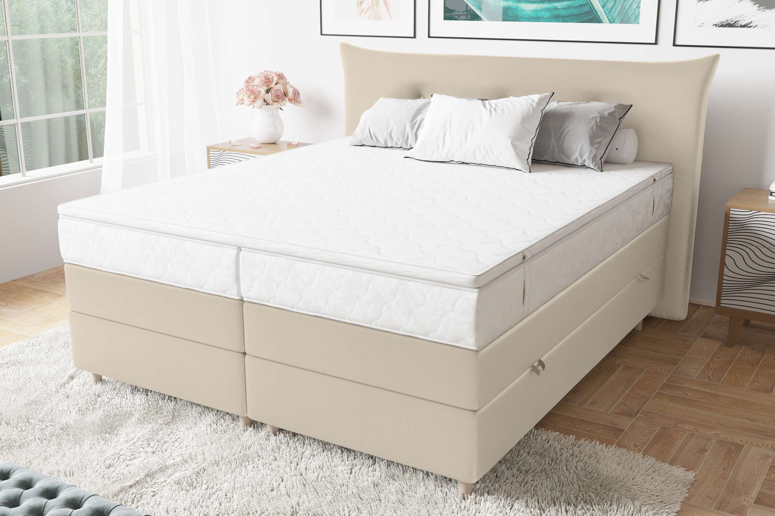 99rooms Amur Boxspringbett 140x200 cm Kunstleder MADRYT Champagner Taschen-Federung