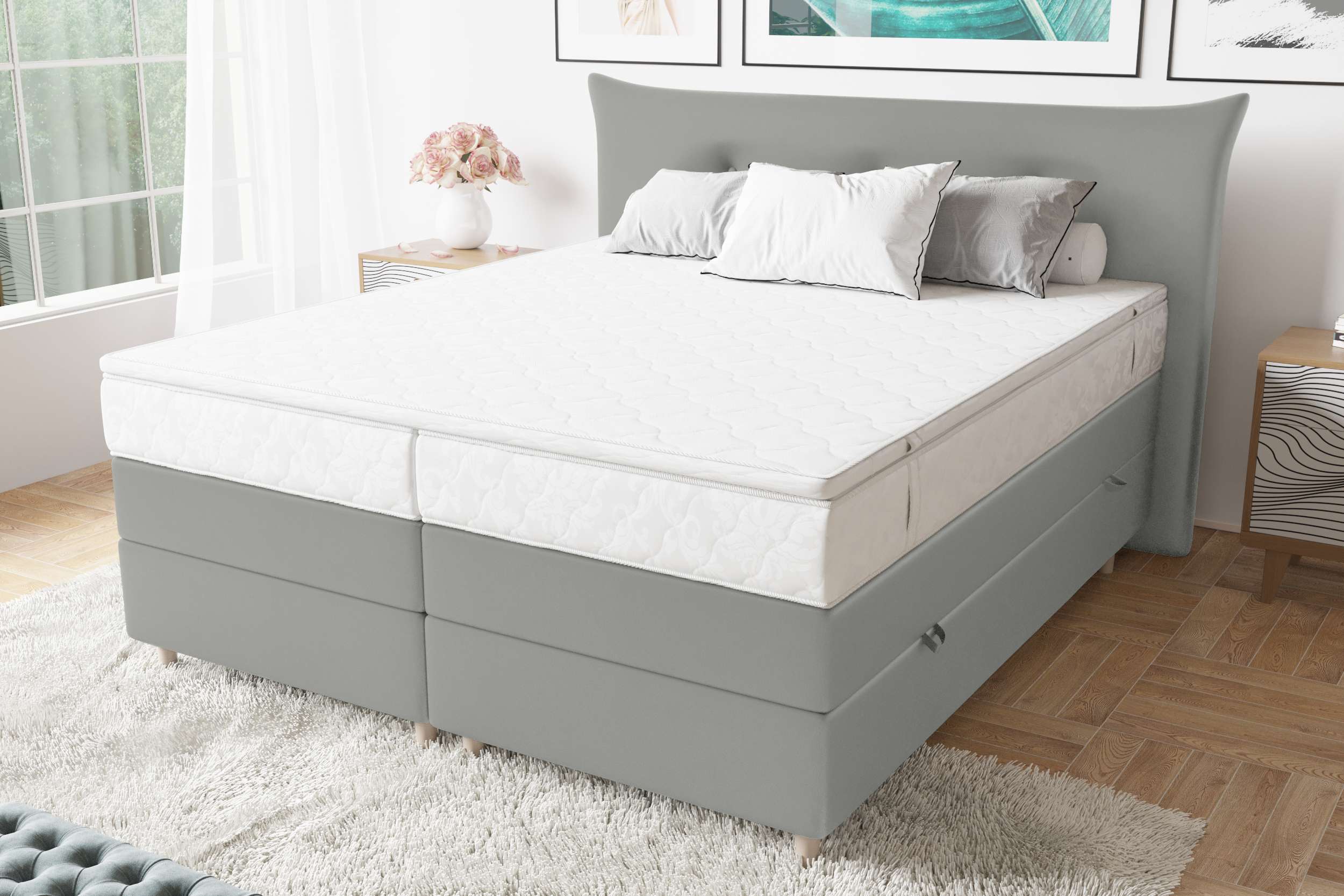 99rooms Amur Boxspringbett 140x200 cm Kunstleder MADRYT Hellgrau Taschen-Federung