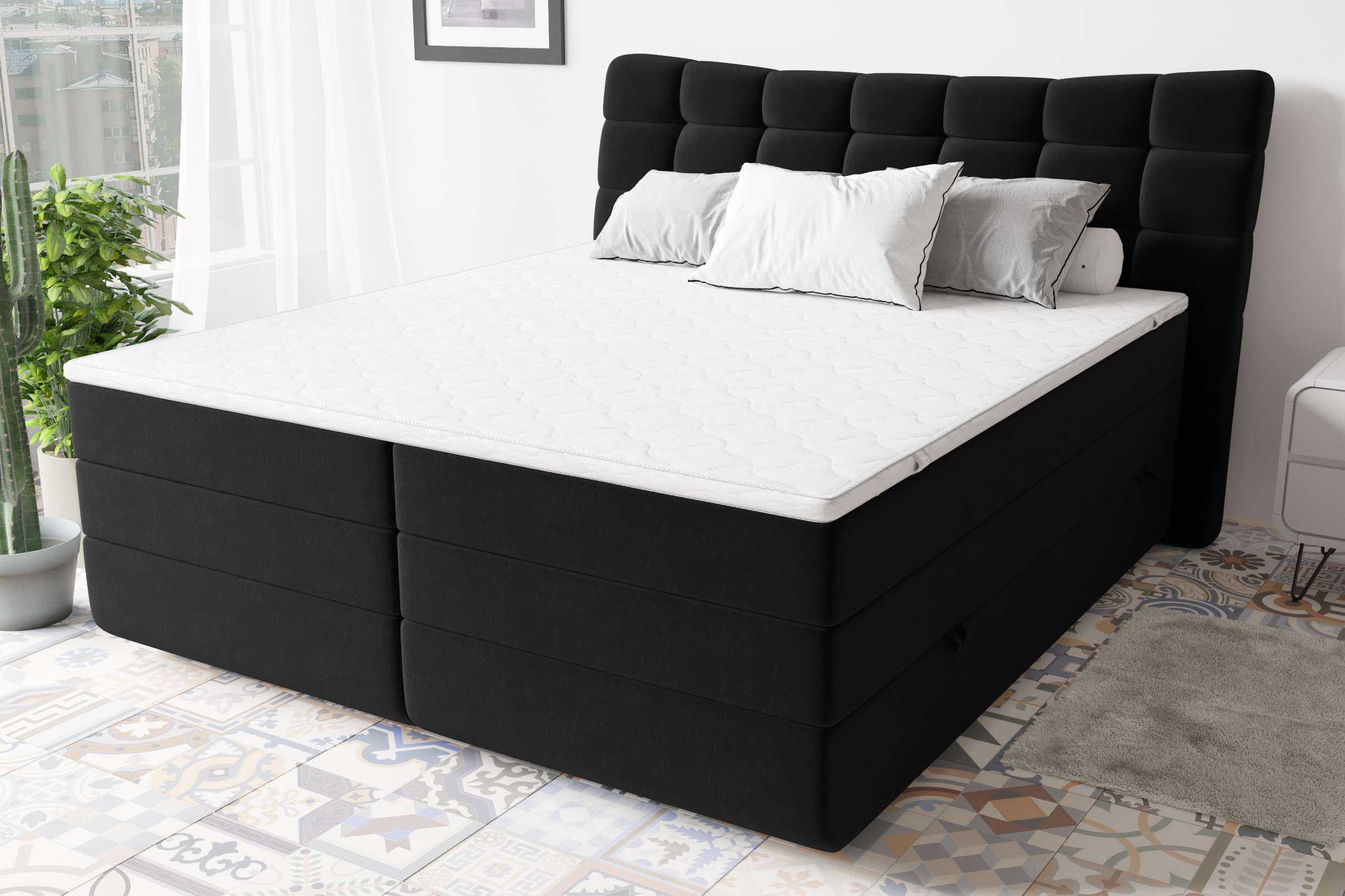 99rooms Leonhard Boxspringbett Velours KRONOS Schwarz 140x200 cm Taschen-Federung