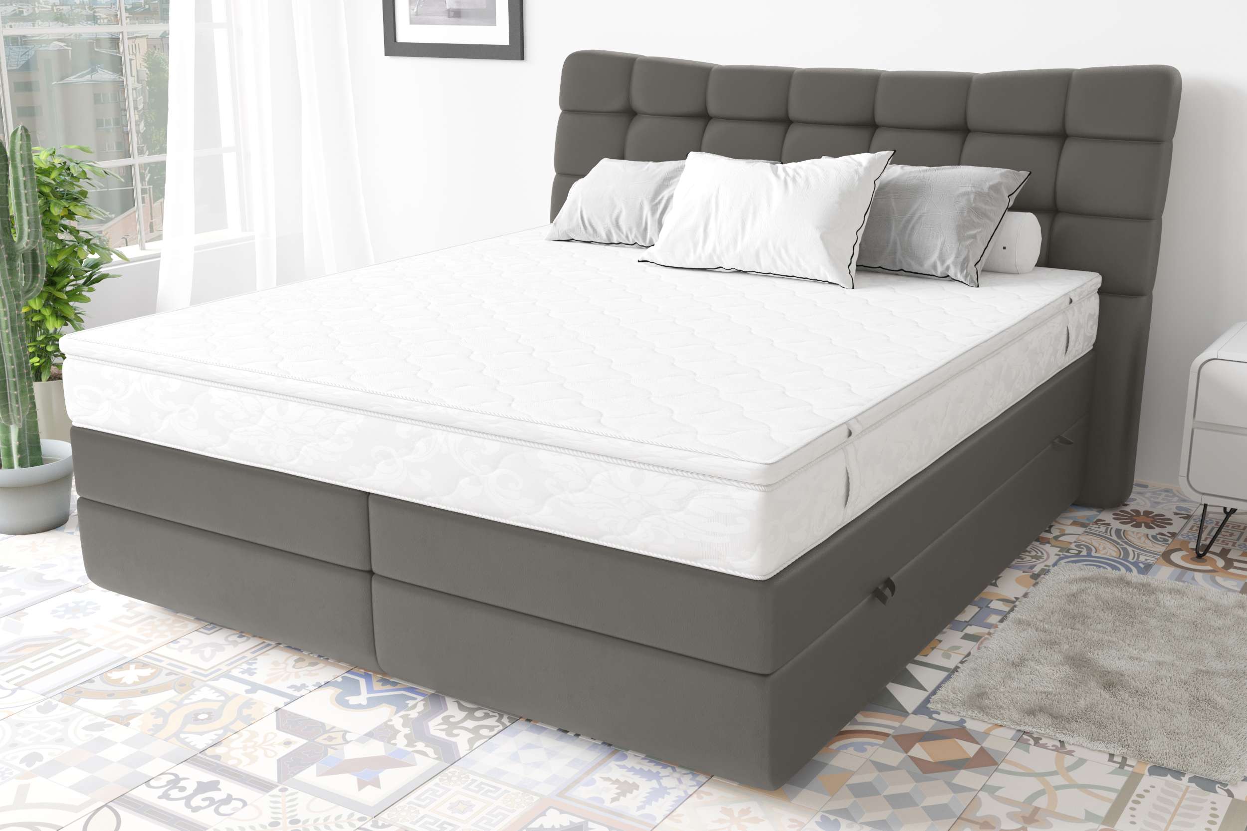 99rooms Santorini Boxspringbett Kunstleder MADRYT Beton 140x200 cm Taschen-Federung