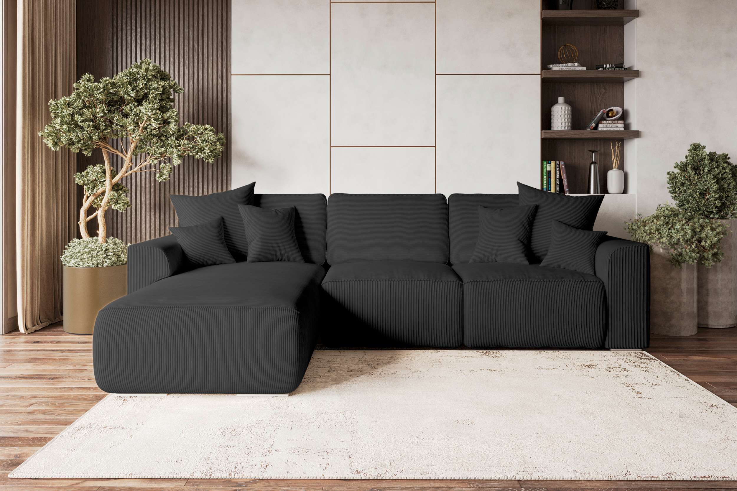 99rooms Gusto Ecksofa Cordstoff POSO Schwarz Links ohne Schlaffunktion