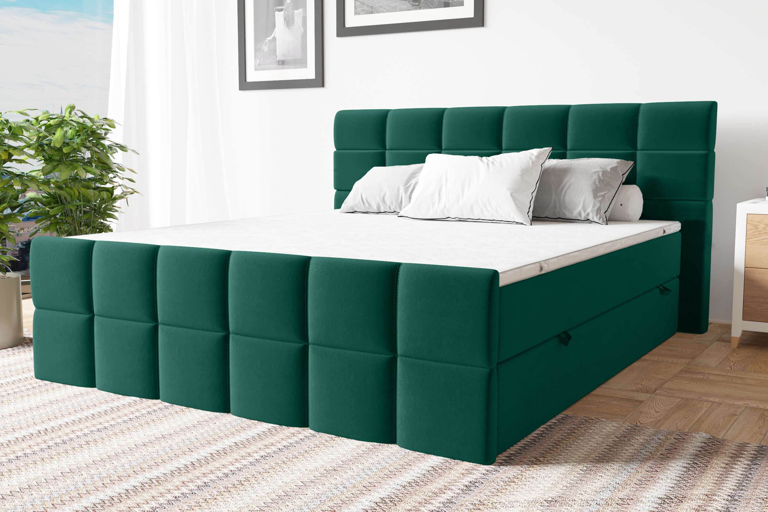 99rooms Dunkan Boxspringbett Velours KRONOS Dunkelgrün 140x200 cm Taschen-Federung