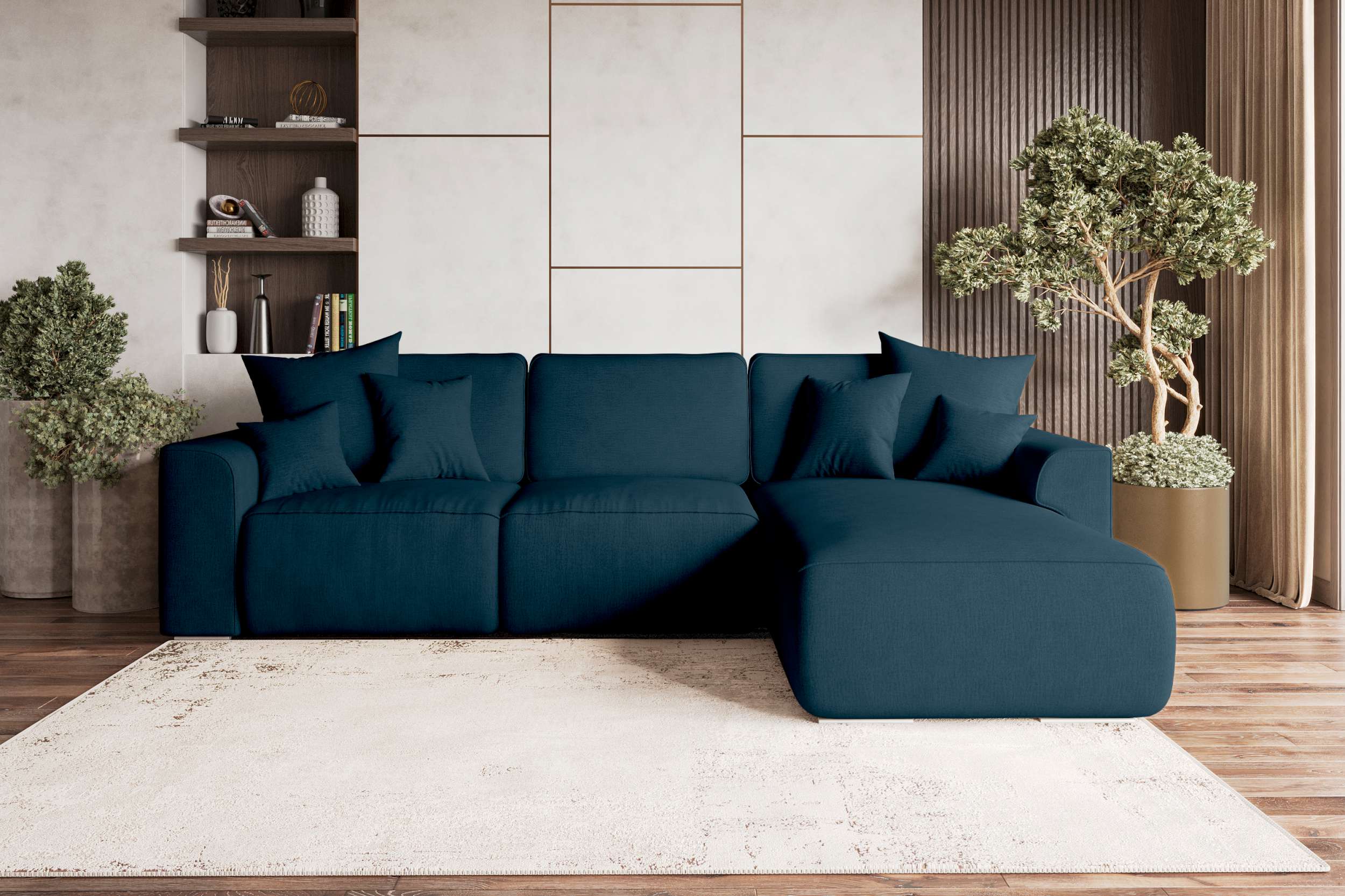 99rooms Gusto Ecksofa Velours MONOLITH Dunkelblau Rechts ohne Schlaffunktion