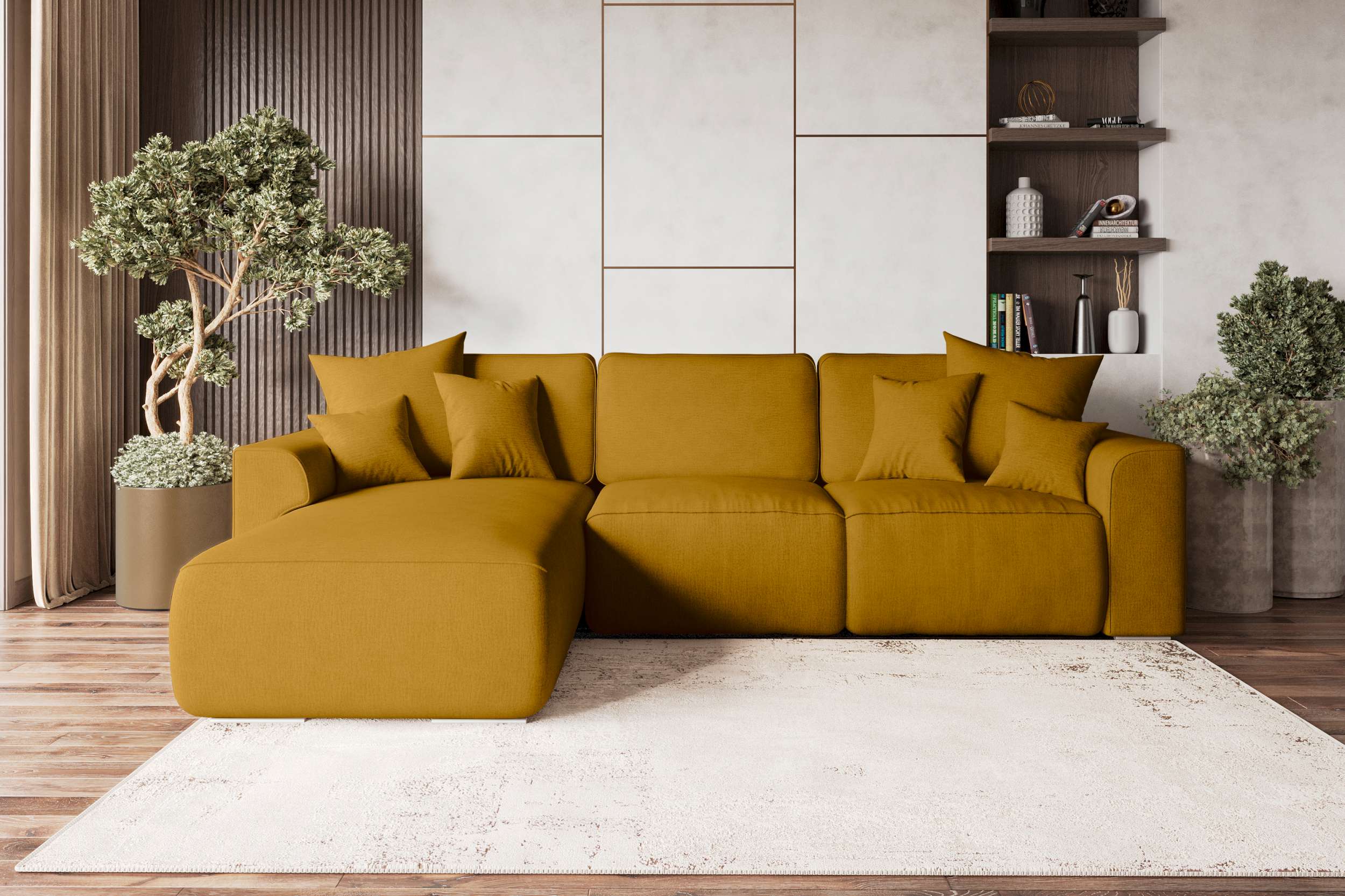 99rooms Gusto Ecksofa Velours MONOLITH Gelb Links mit Schlaffunktion