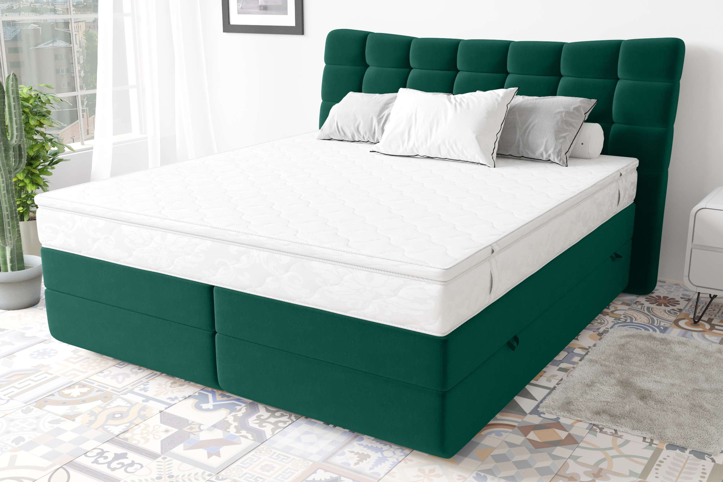 99rooms Santorini Boxspringbett Velours KRONOS Dunkelgrün 140x200 cm Taschen-Federung
