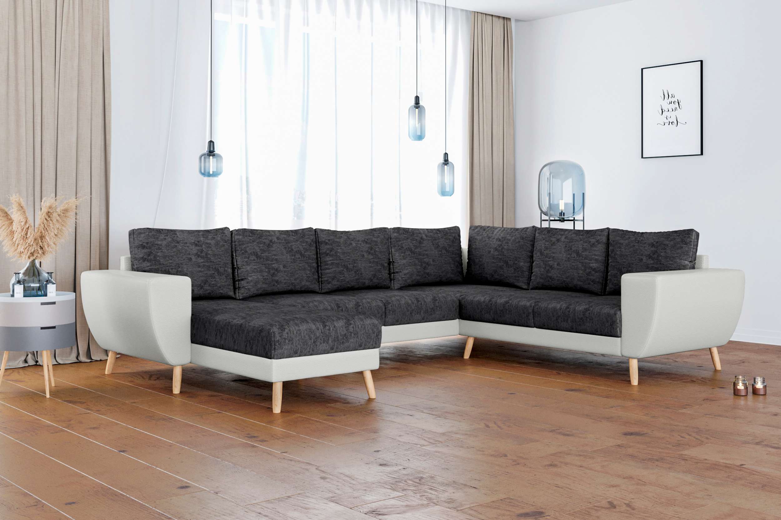 99rooms Apollo Wohnlandschaft Strukturstoff BERLIN Kunstleder MADRYT Schwarz Weiß Links