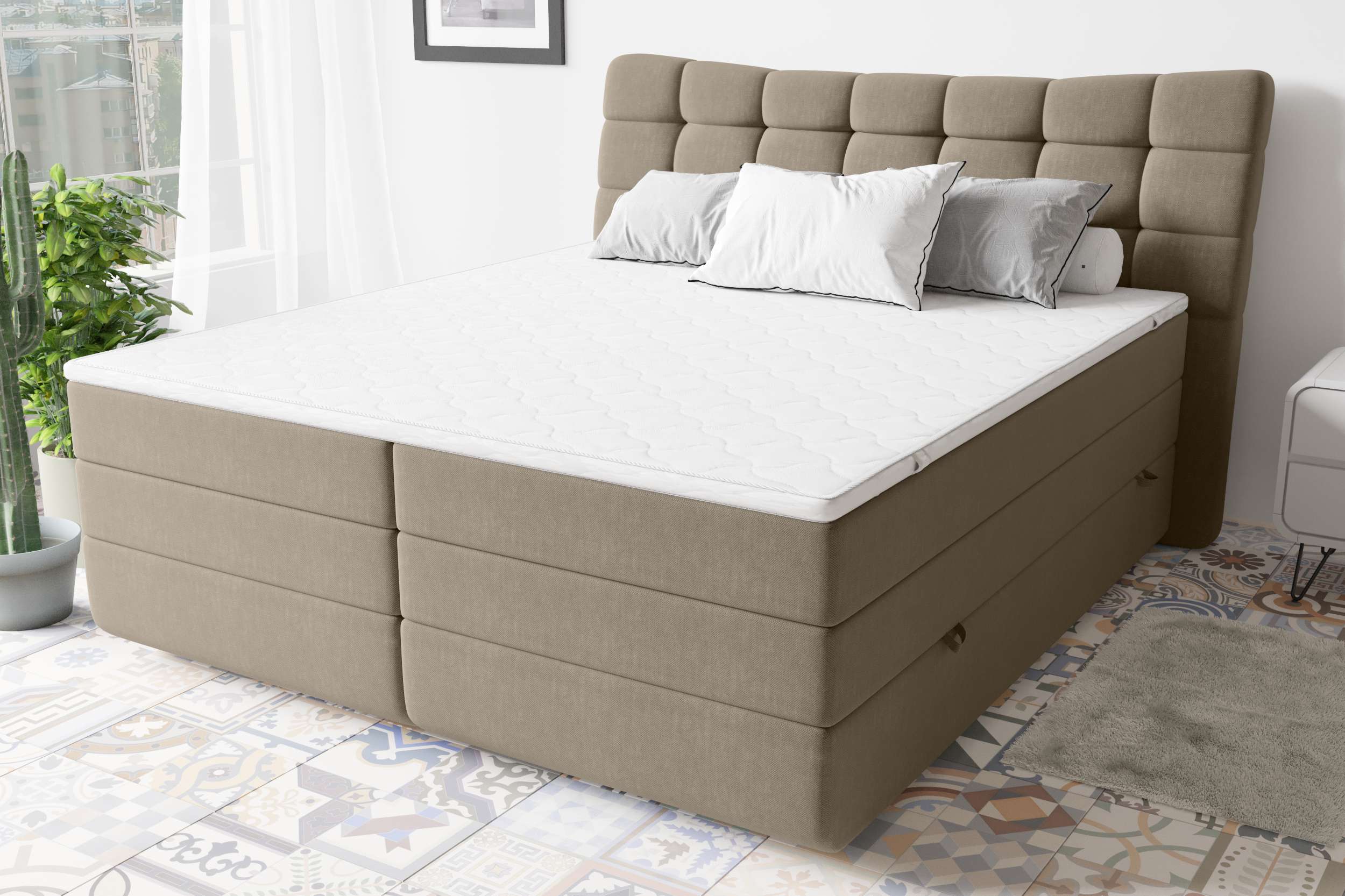 99rooms Leonhard Boxspringbett Strukturstoff INARI Hellbraun 140x200 cm Taschen-Federung