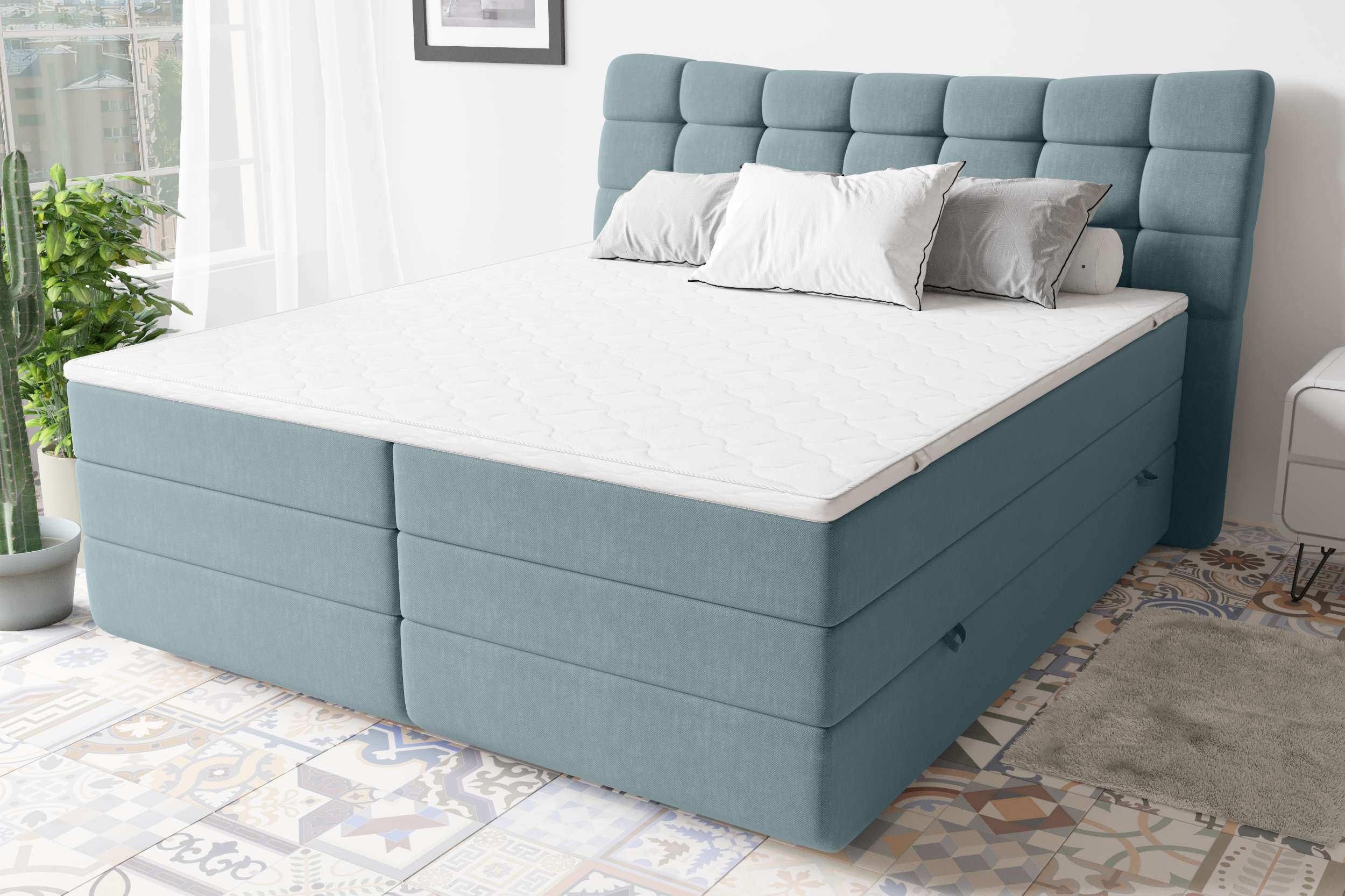 99rooms Leonhard Boxspringbett Strukturstoff INARI Pastellblau 140x200 cm Taschen-Federung