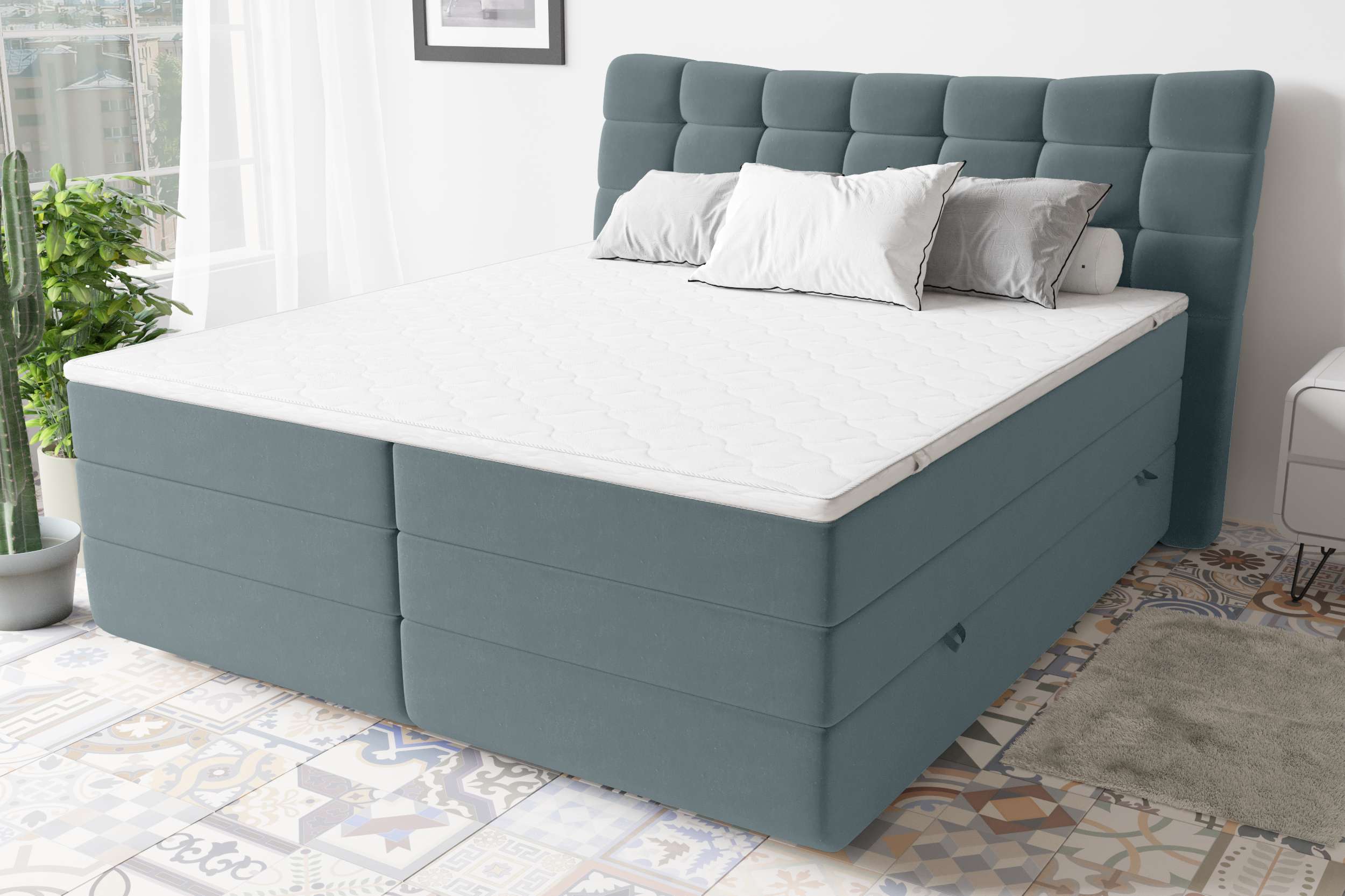 99rooms Leonhard Boxspringbett Velours KRONOS Himmelgrau 140x200 cm Taschen-Federung