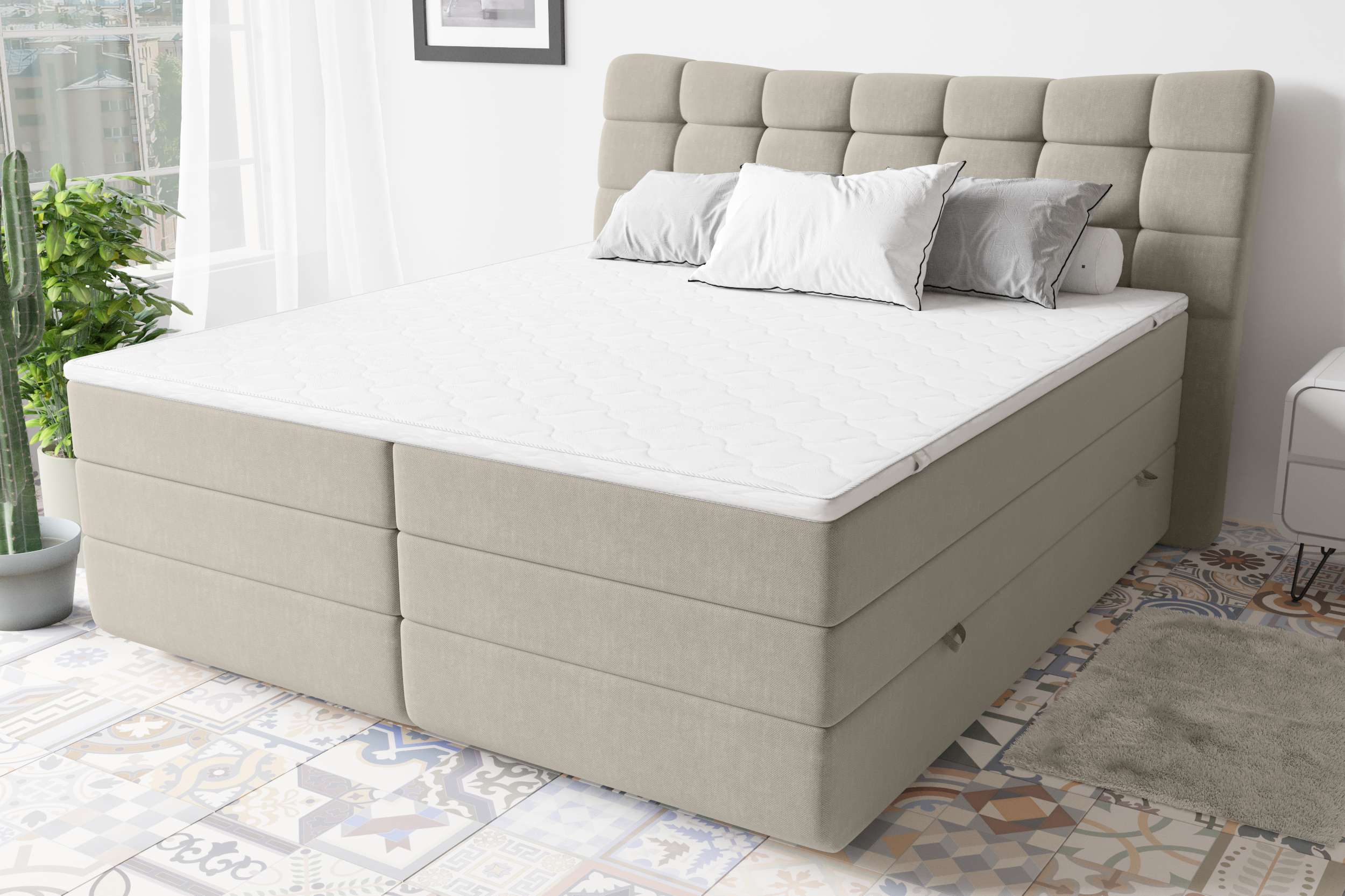 99rooms Leonhard Boxspringbett Strukturstoff INARI Beige 180x200 cm Taschen-Federung