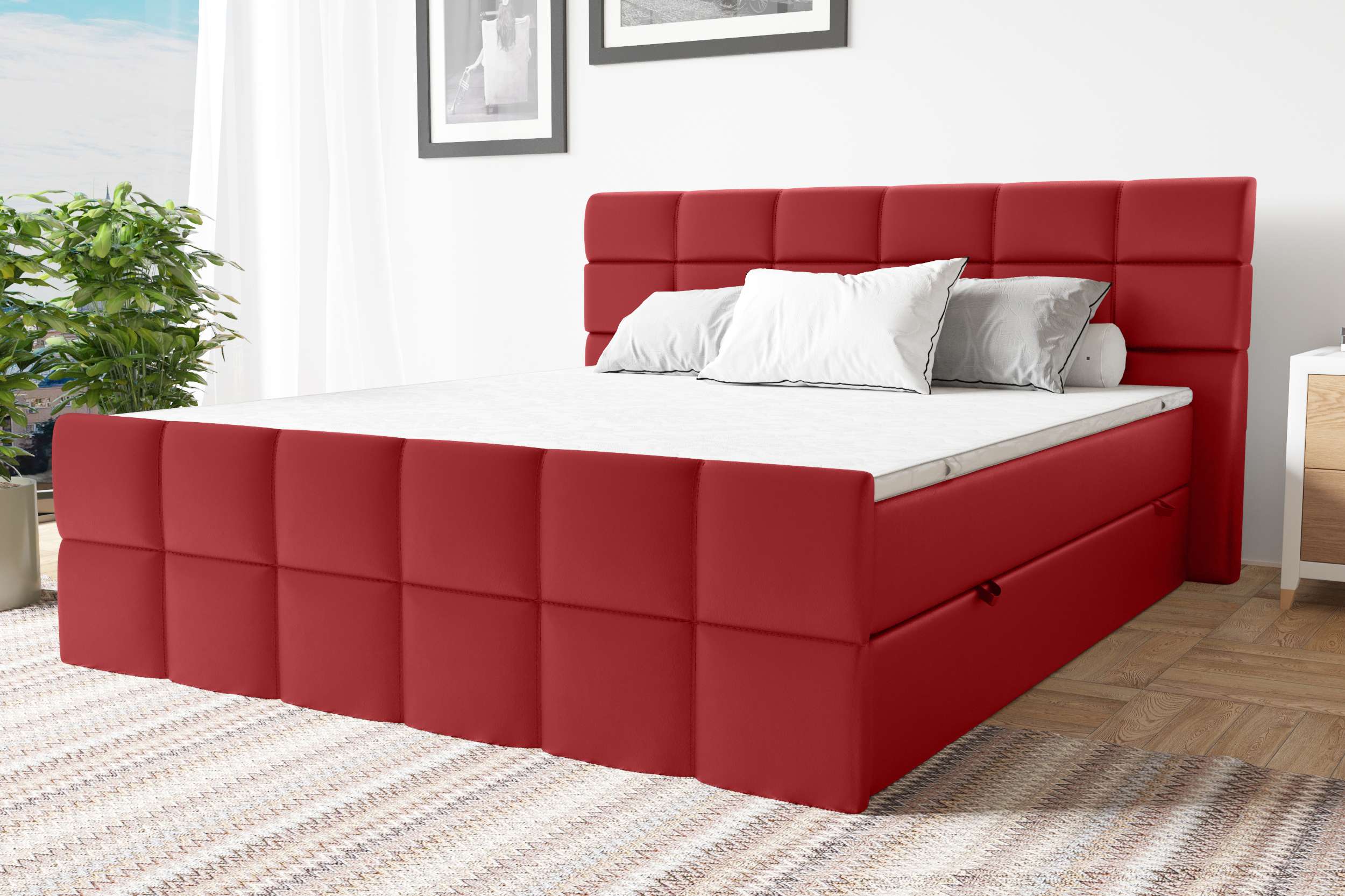 99rooms Dunkan Boxspringbett Kunstleder MADRYT Rot 160x200 cm Taschen-Federung