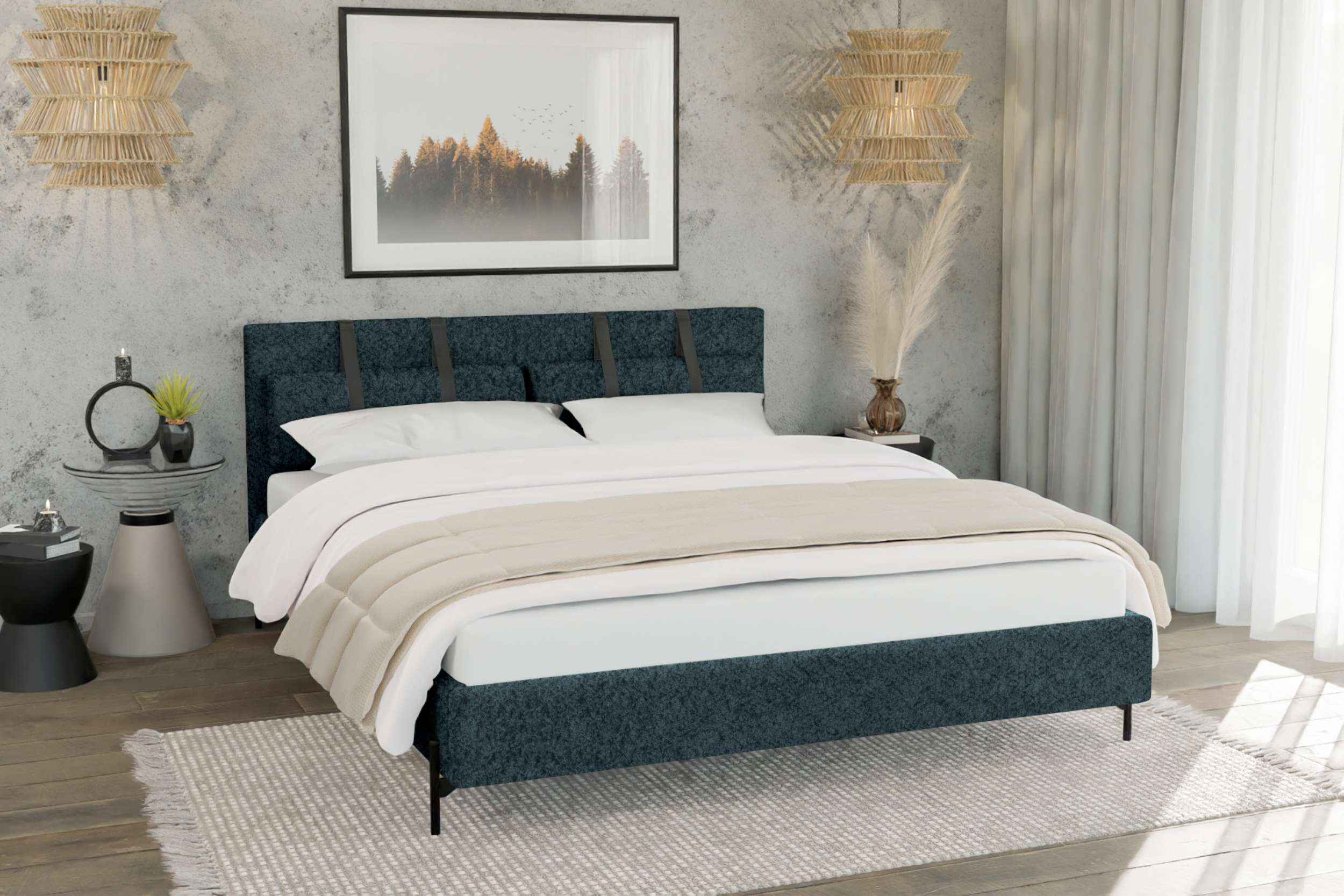 99rooms Stella Polsterbett 140x200 cm Boucle-Stoff ABRIAMO Dunkelblau