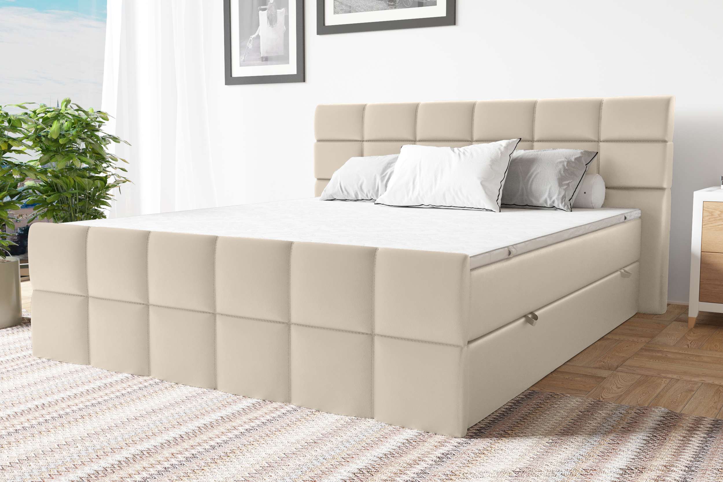 99rooms Dunkan Boxspringbett Kunstleder MADRYT Champagner 140x200 cm Bonell-Federung