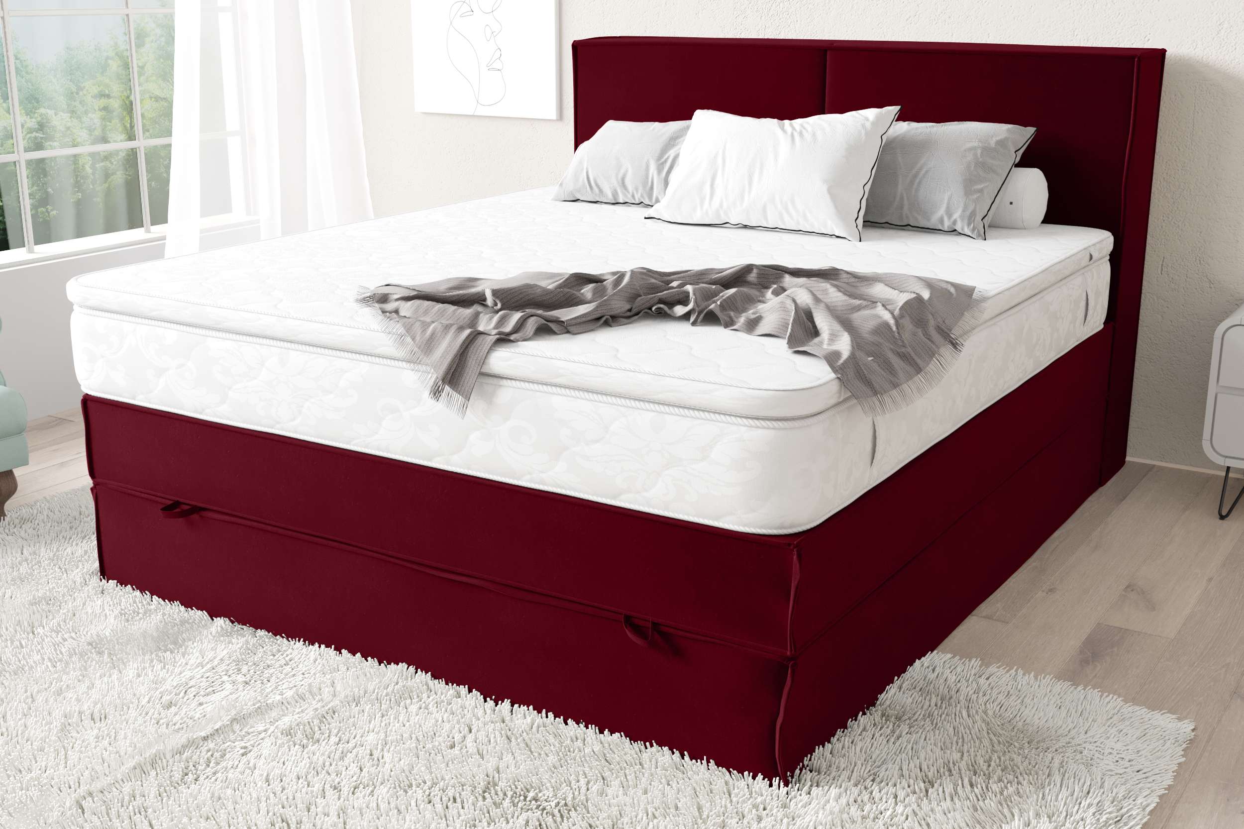 99rooms Sidney Boxspringbett Rot 160x200 cm Velours KRONOS Taschen-Federung