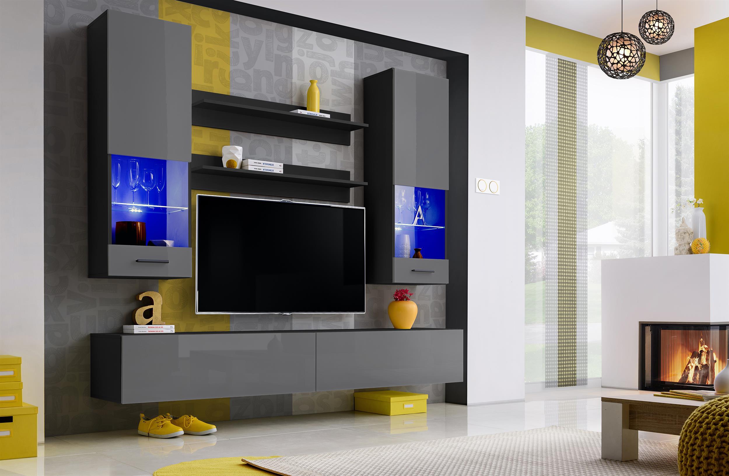 99rooms Eaton Wohnwand I Schwarz Grau Hochglanz ohne LED-Beleuchtung