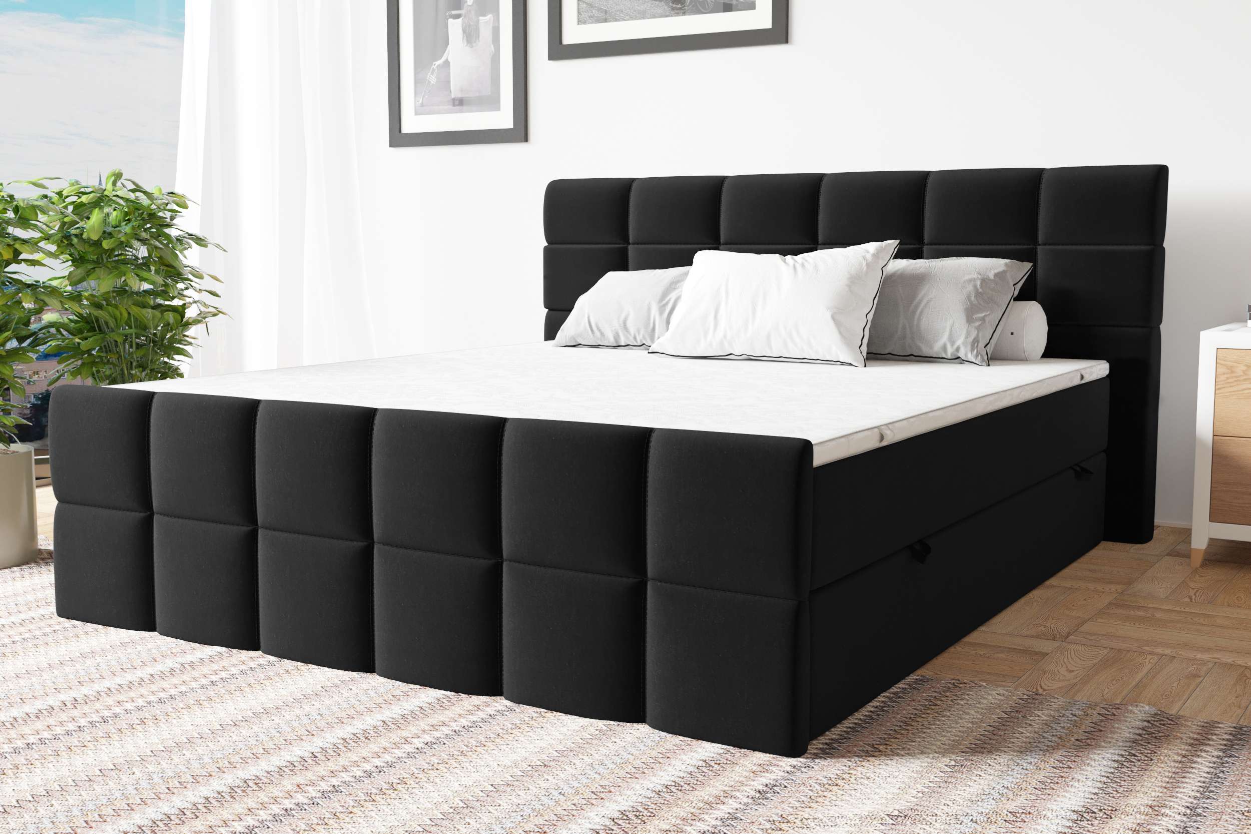 99rooms Dunkan Boxspringbett Velours KRONOS Schwarz 140x200 cm Taschen-Federung