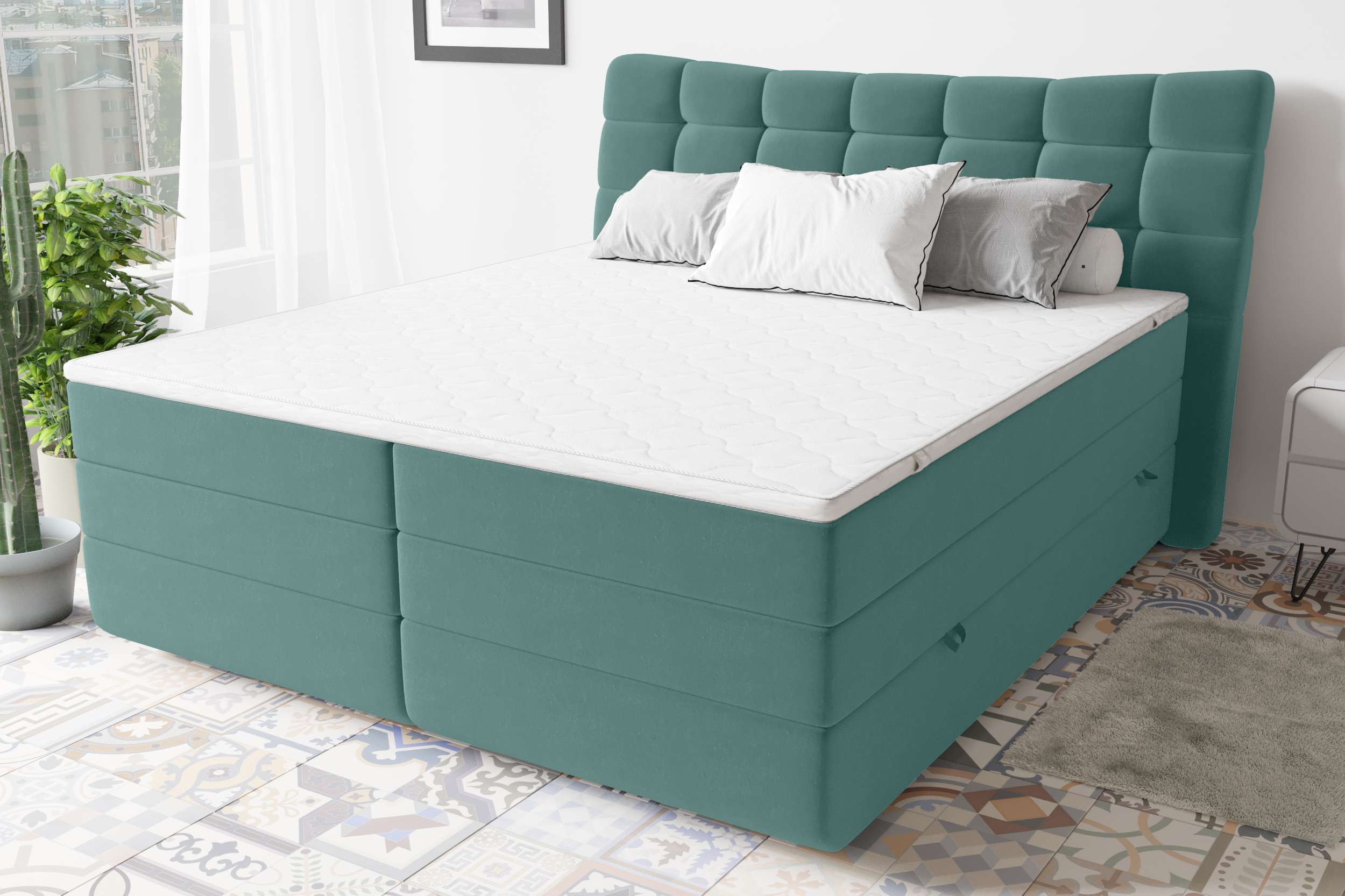99rooms Leonhard Boxspringbett Velours KRONOS Pastelltürkis 140x200 cm Taschen-Federung