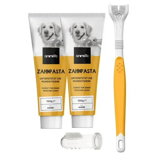 Zahnpflege Hund Zubehör - 2 x 100g Zahnpasta Tuben & Zahnbürste - Essbare Zahnpasta - Denti-Care Set - Animigo