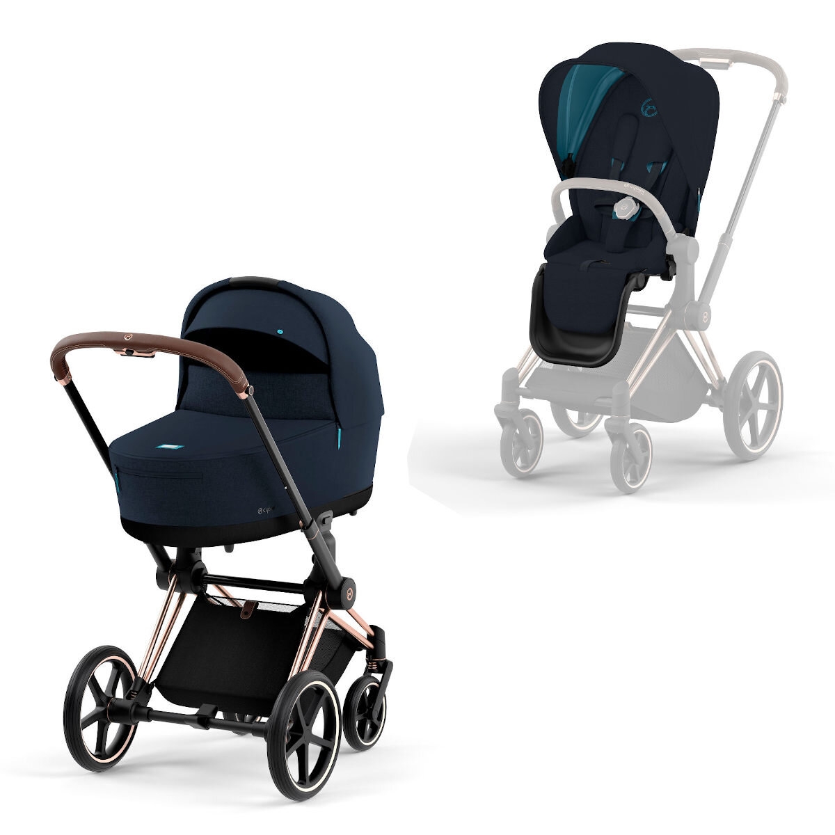 Cybex Priam Rahmen Rosegold, Lux und Seat Pack Midnight Blue Plus