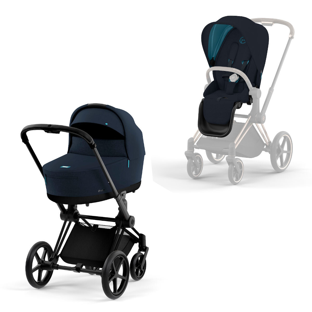 Cybex Priam Rahmen Matt Schwarz, Lux und Seat Pack Midnight Blue Plus