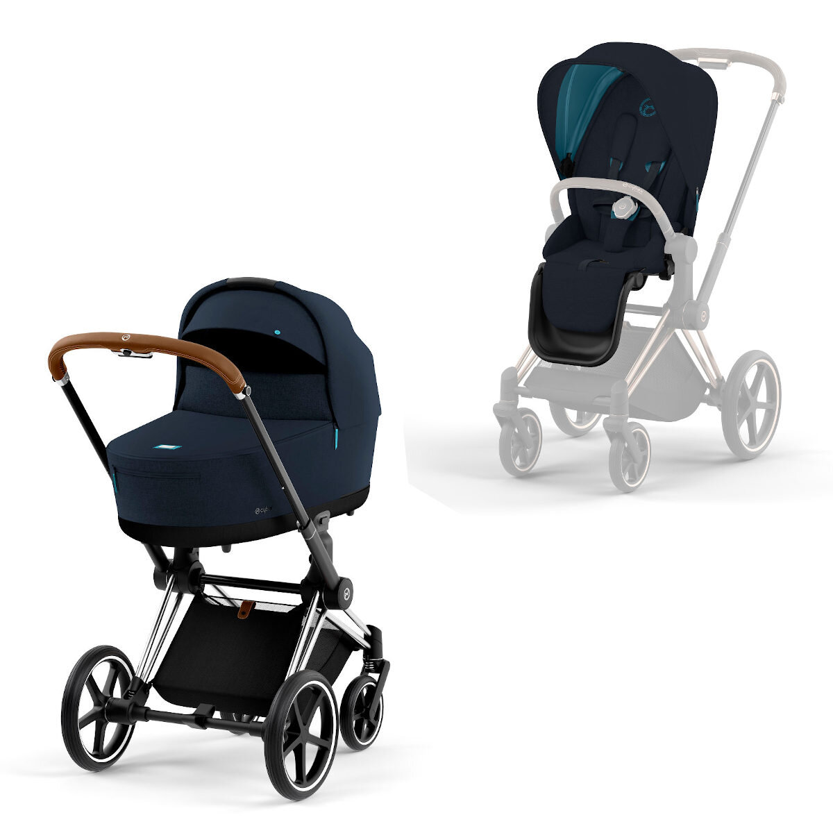 Cybex Priam Rahmen Chrome Brown, Lux und Seat Pack Midnight Blue Plus