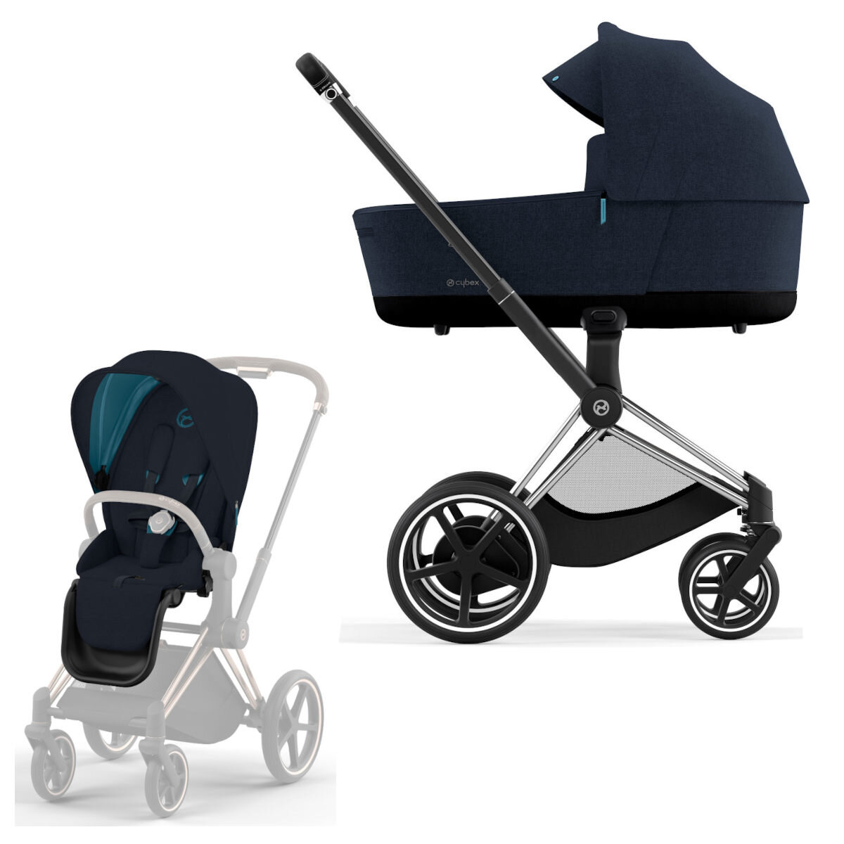 Cybex e-Priam Rahmen Chrome Black, Lux und Seatpack Midnight Blue Plus