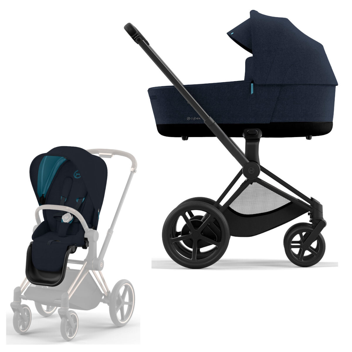 Cybex e-Priam Rahmen Matt Schwarz, Lux und Seatpack Midnight Blue Plus