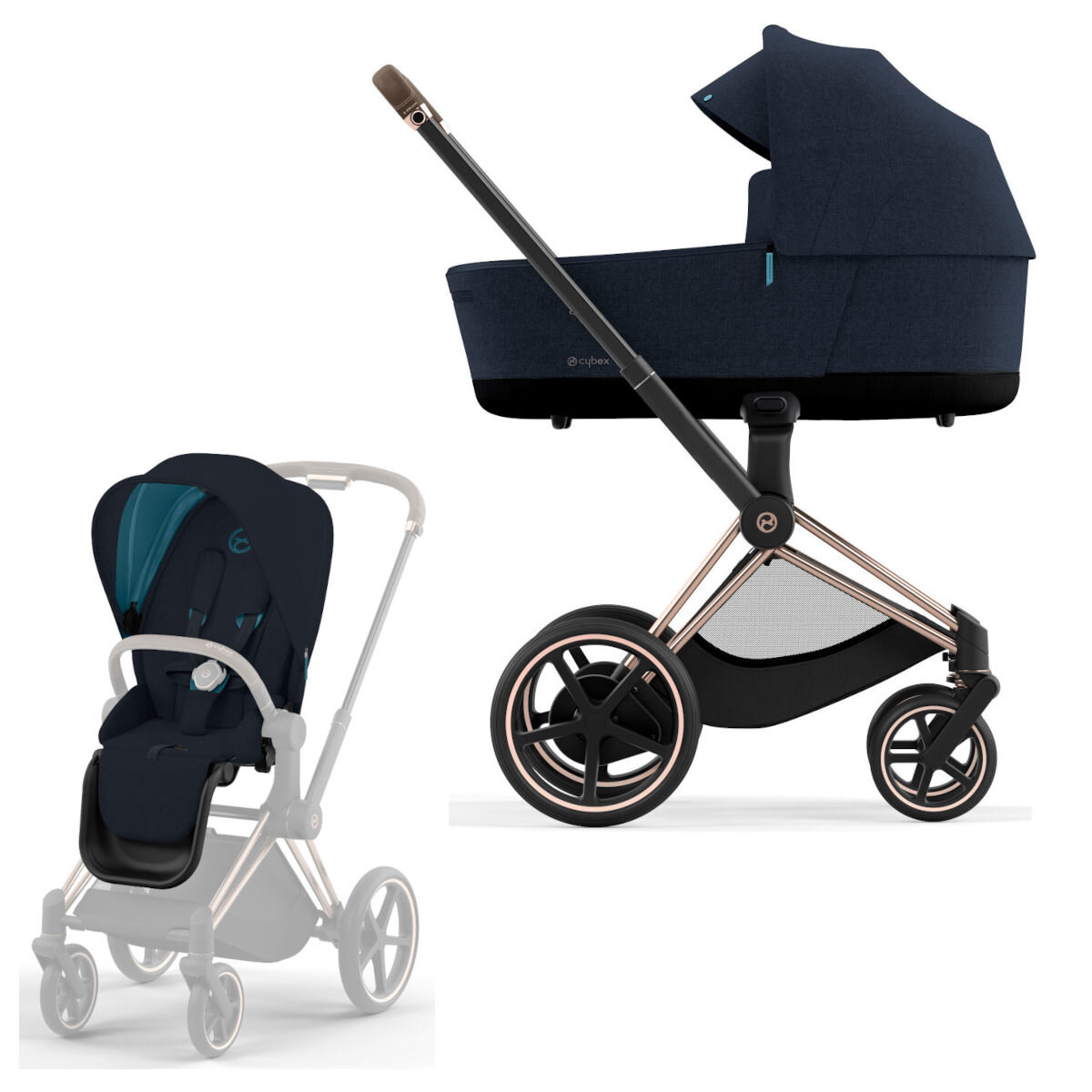 Cybex e-Priam Rahmen Rosegold, Lux und Seatpack Midnight Blue Plus