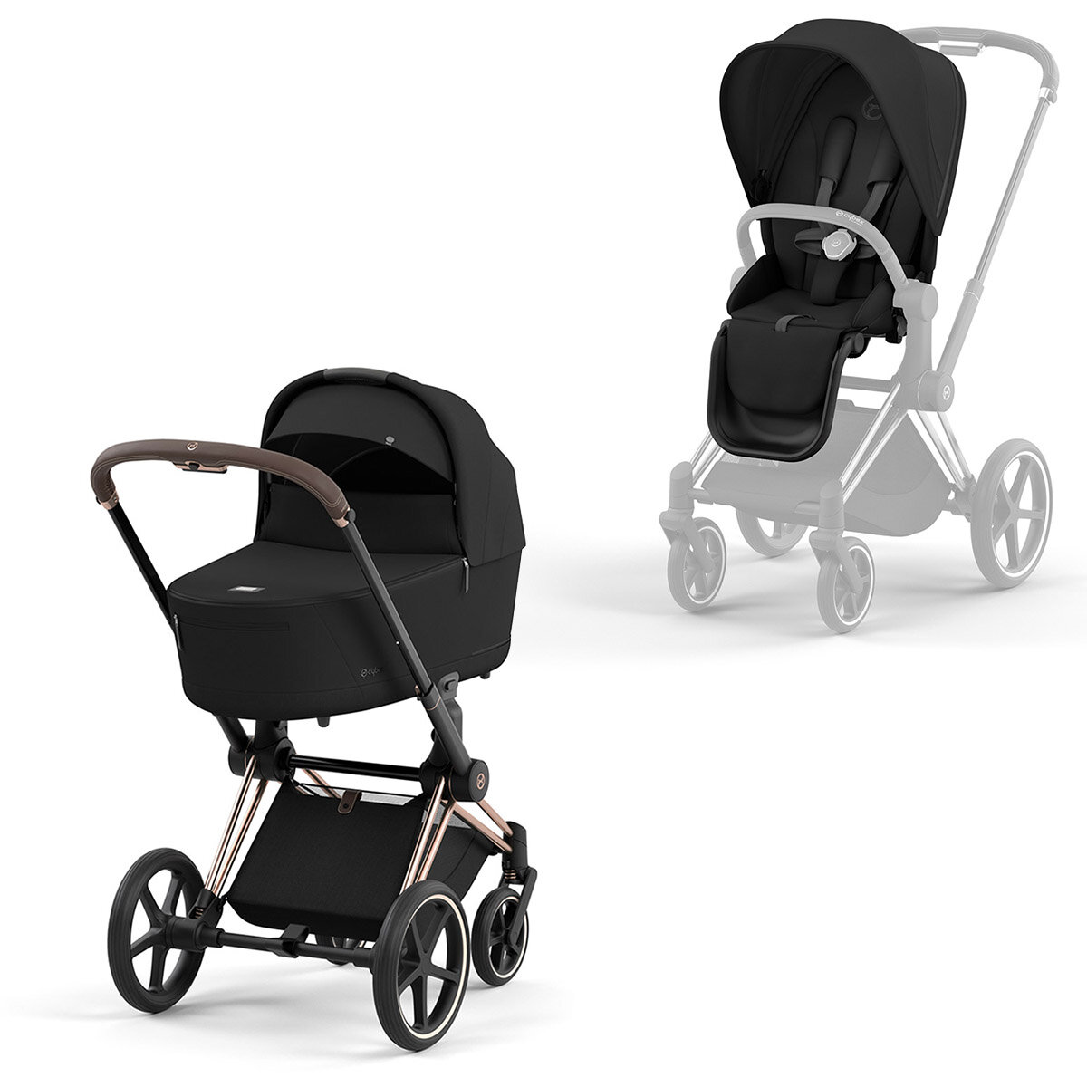 Cybex Priam Rahmen Rosegold, Lux und Seat Pack Sepia Black Kollektion 2024