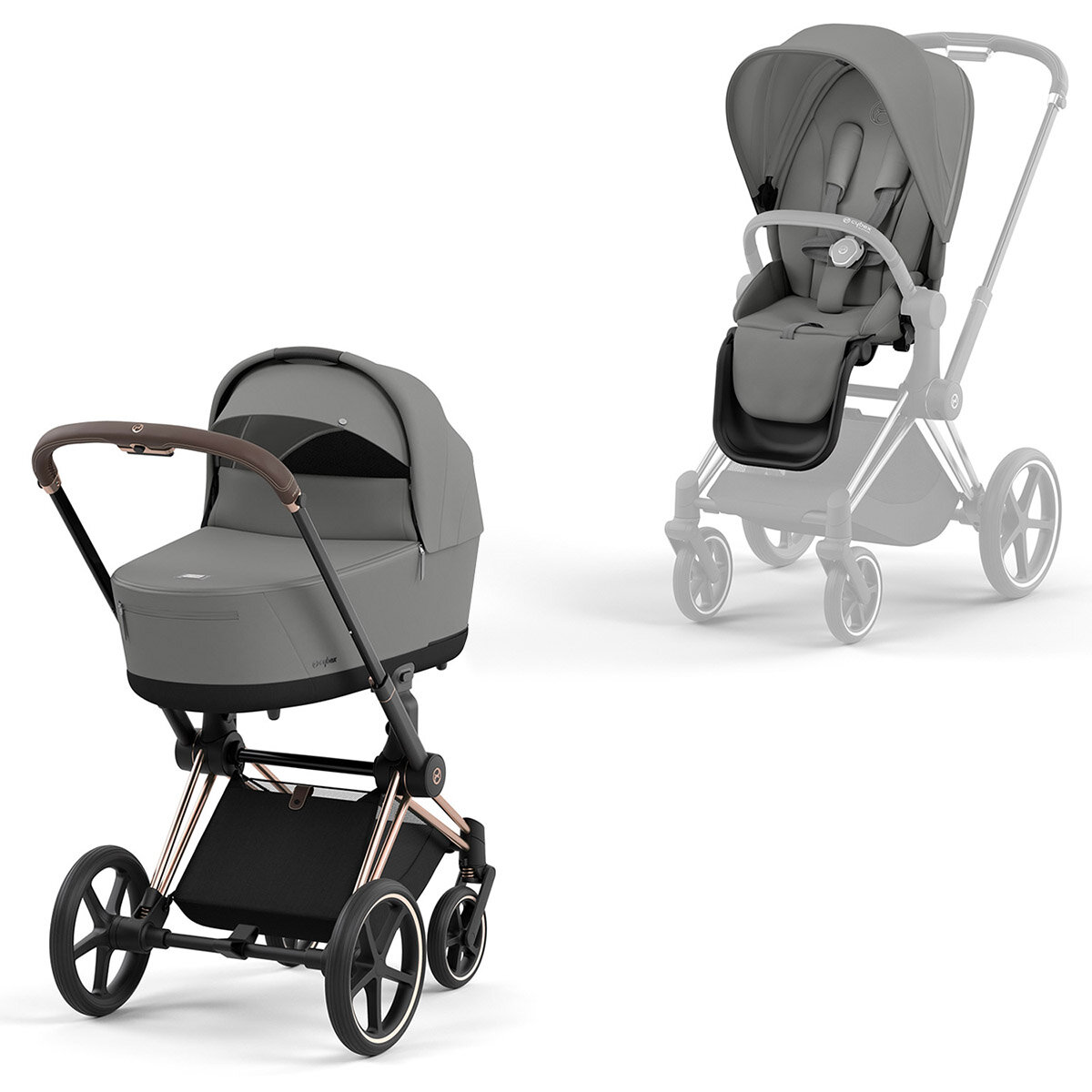 Cybex Priam Rahmen Rosegold, Lux und Seat Pack Mirage Grey Kollektion 2024