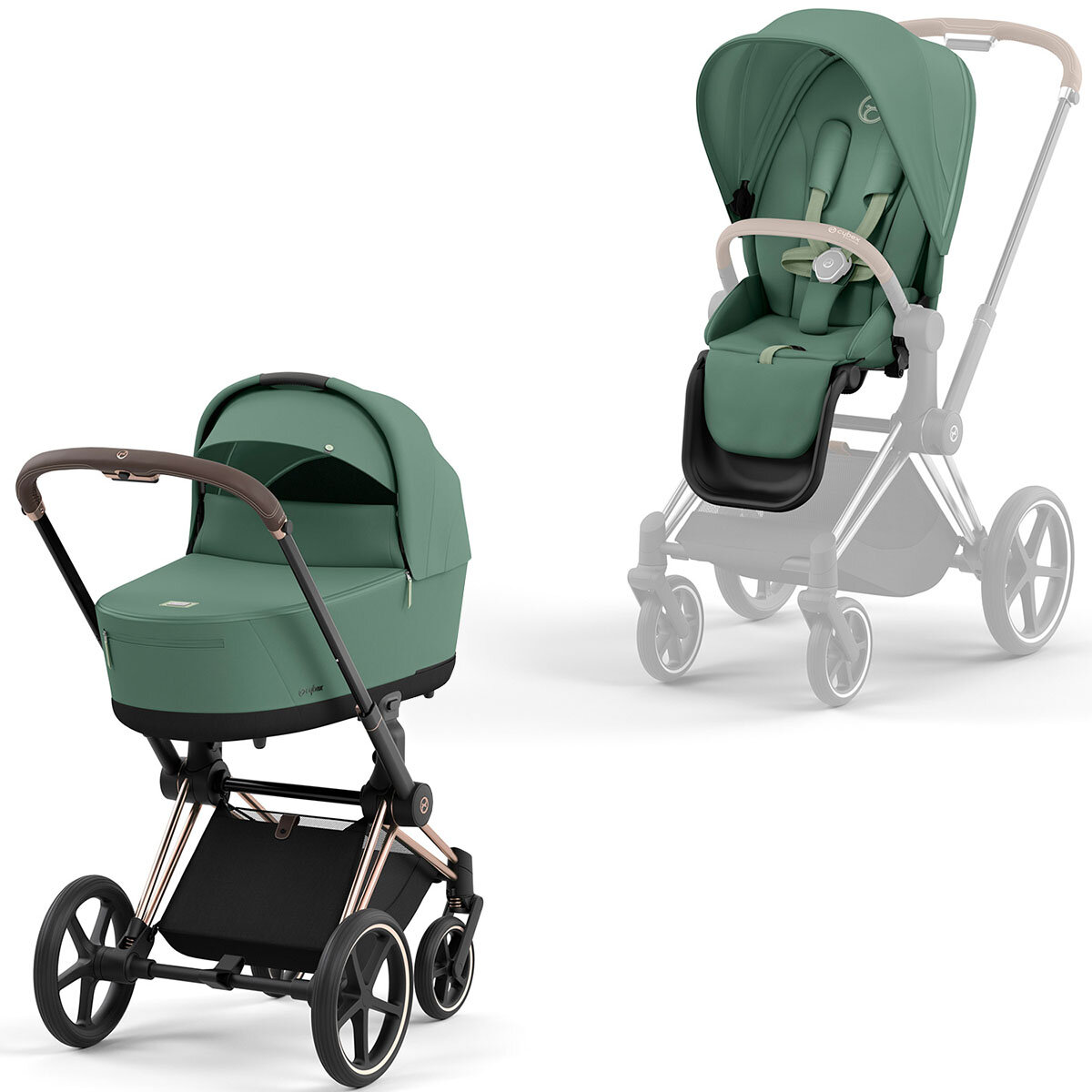 Cybex Priam Rahmen Rosegold, Lux und Seat Pack Leaf Green Kollektion 2024