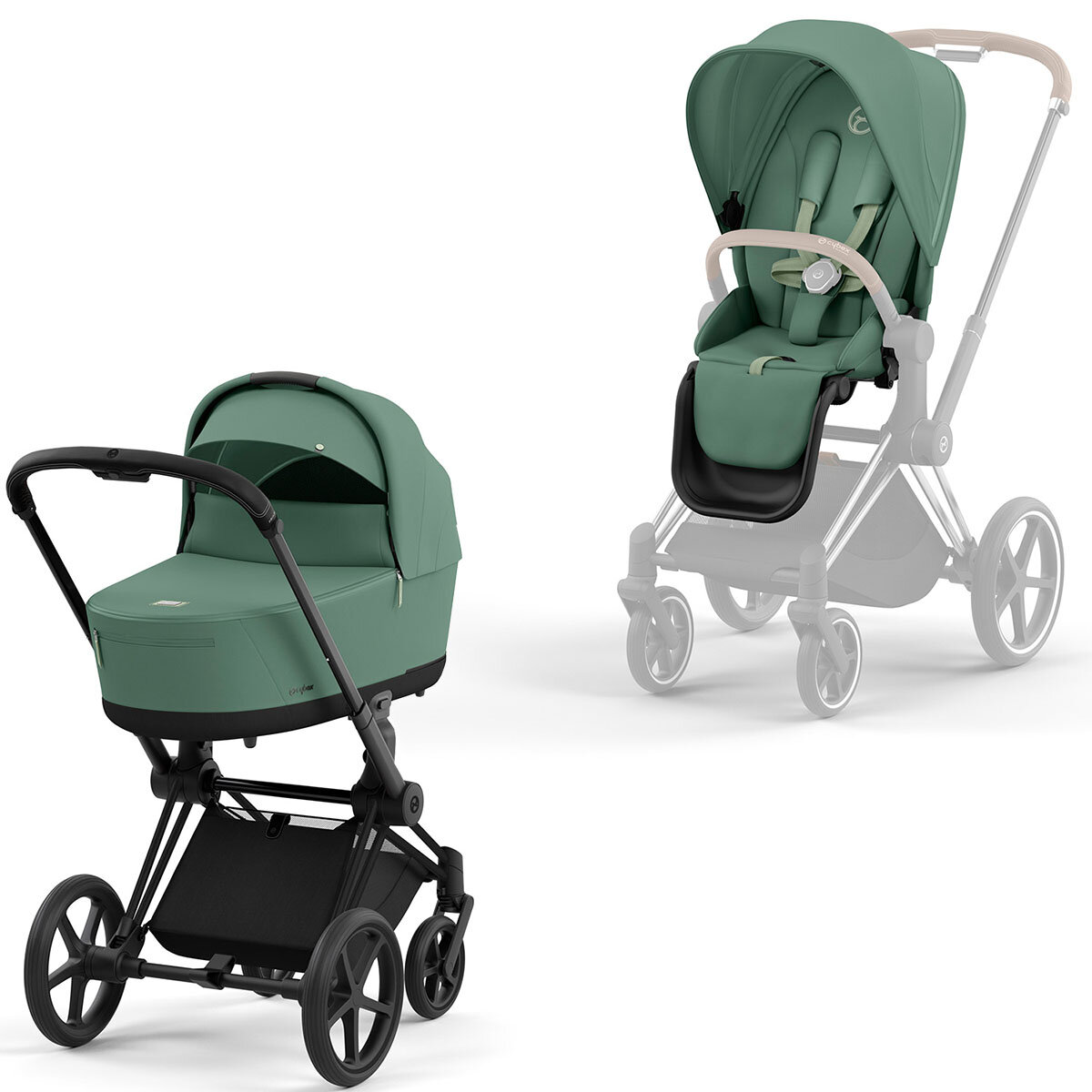 Cybex Priam Rahmen Matt Schwarz, Lux und Seat Pack Leaf Grey Kollektion 2024