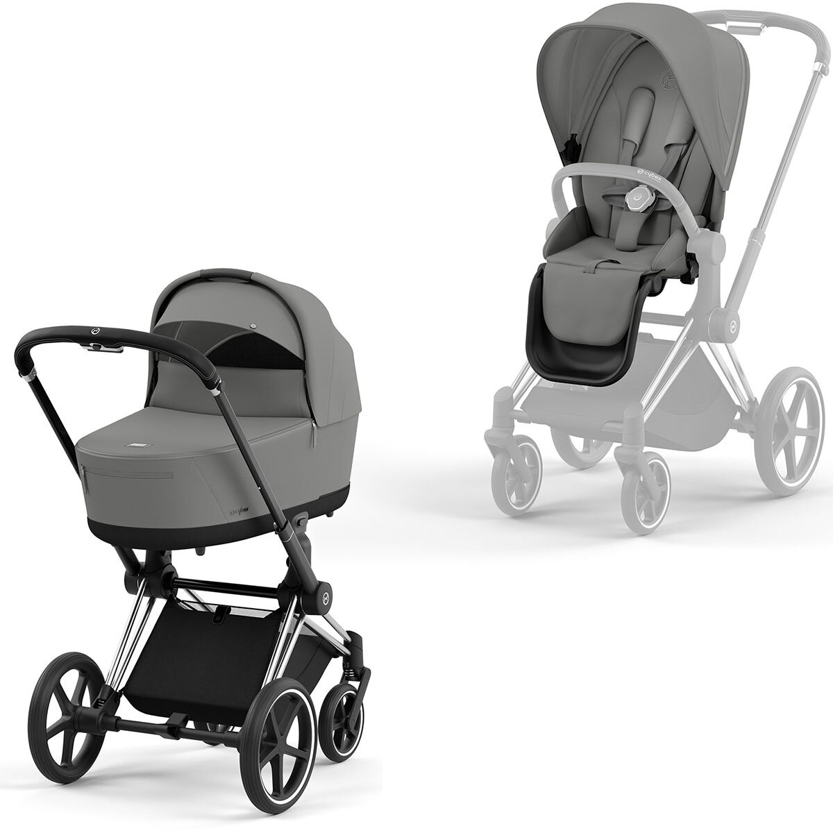 Cybex Priam Rahmen Chrome Schwarz, Lux und Seat Pack Mirage Grey Kollektion 2024
