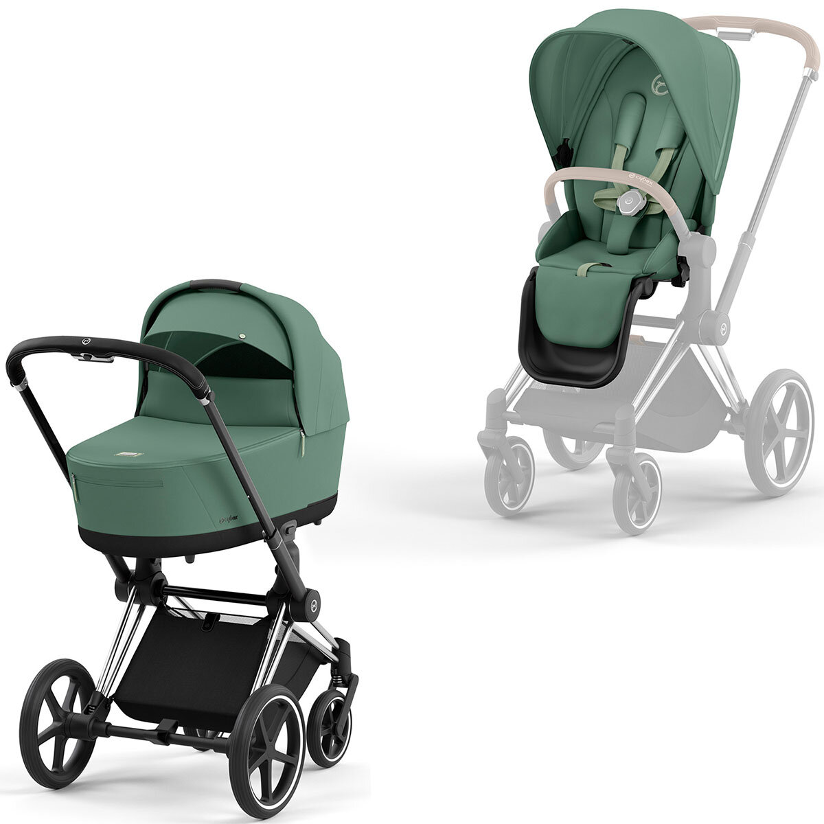 Cybex Priam Rahmen Chrome Schwarz, Lux und Seat Pack Leaf Green Kollektion 2024
