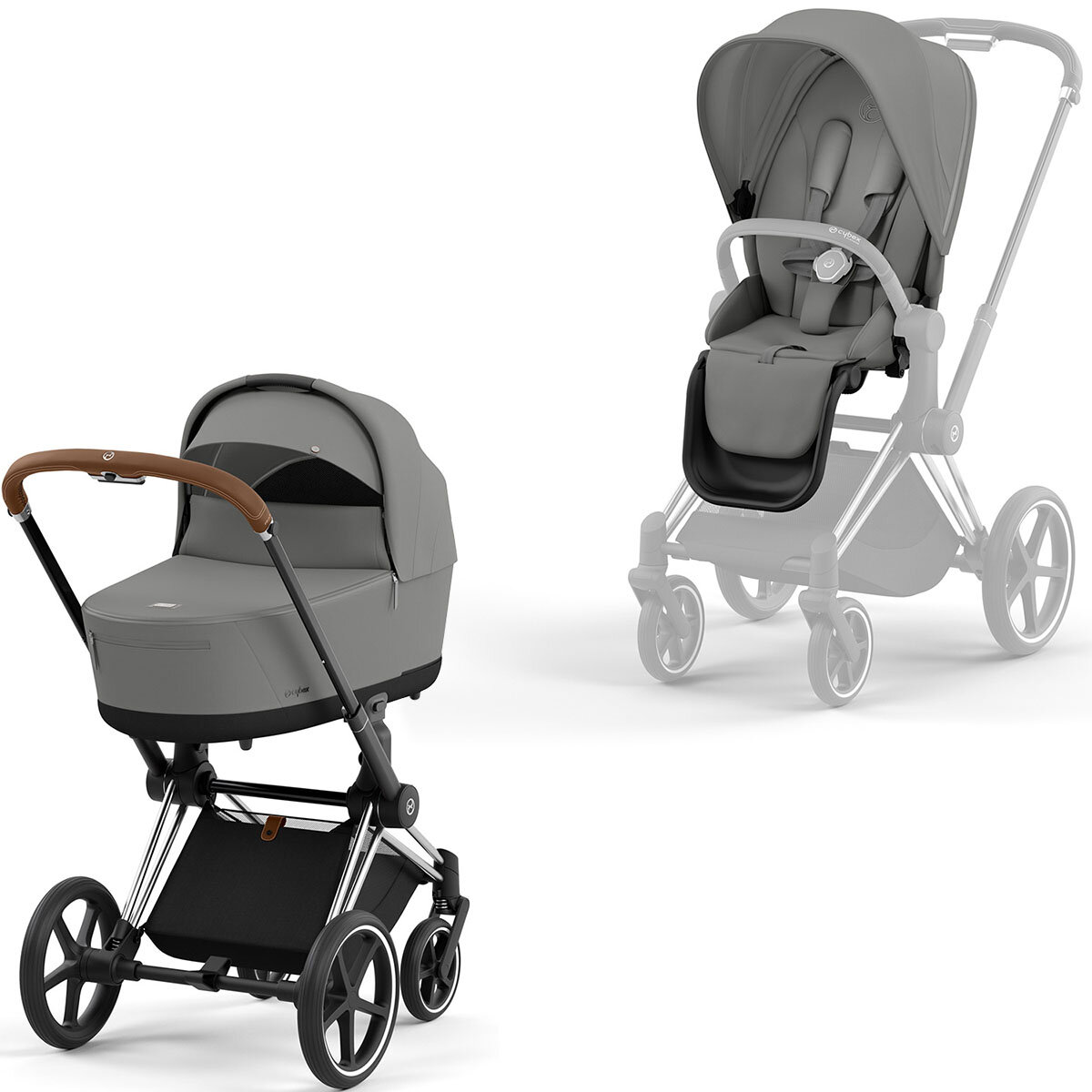 Cybex Priam Rahmen Chrome Braun, Lux und Seat Pack Mirage Grey Kollektion 2024