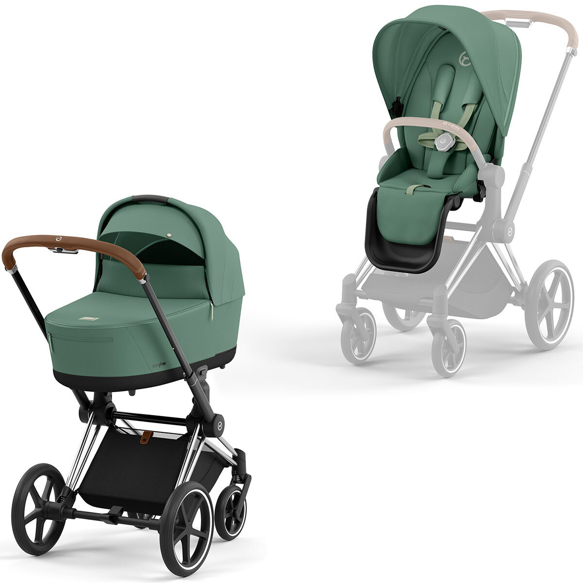 Cybex Priam Rahmen Chrome Braun, Lux und Seat Pack Leaf Green Kollektion 2024
