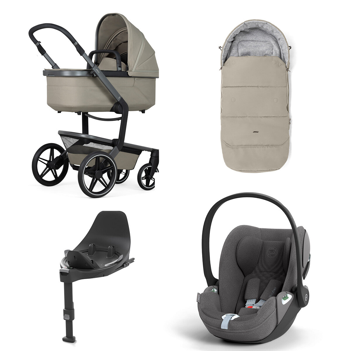 Joolz Day 5 Kinderwagen Set 4 in 1 inkl. Fußsack, Cybex Base T und Cybex Cloud T i-Size Plus Babyschale Sage Green Cloud T i-Size Plus Mirage Grey