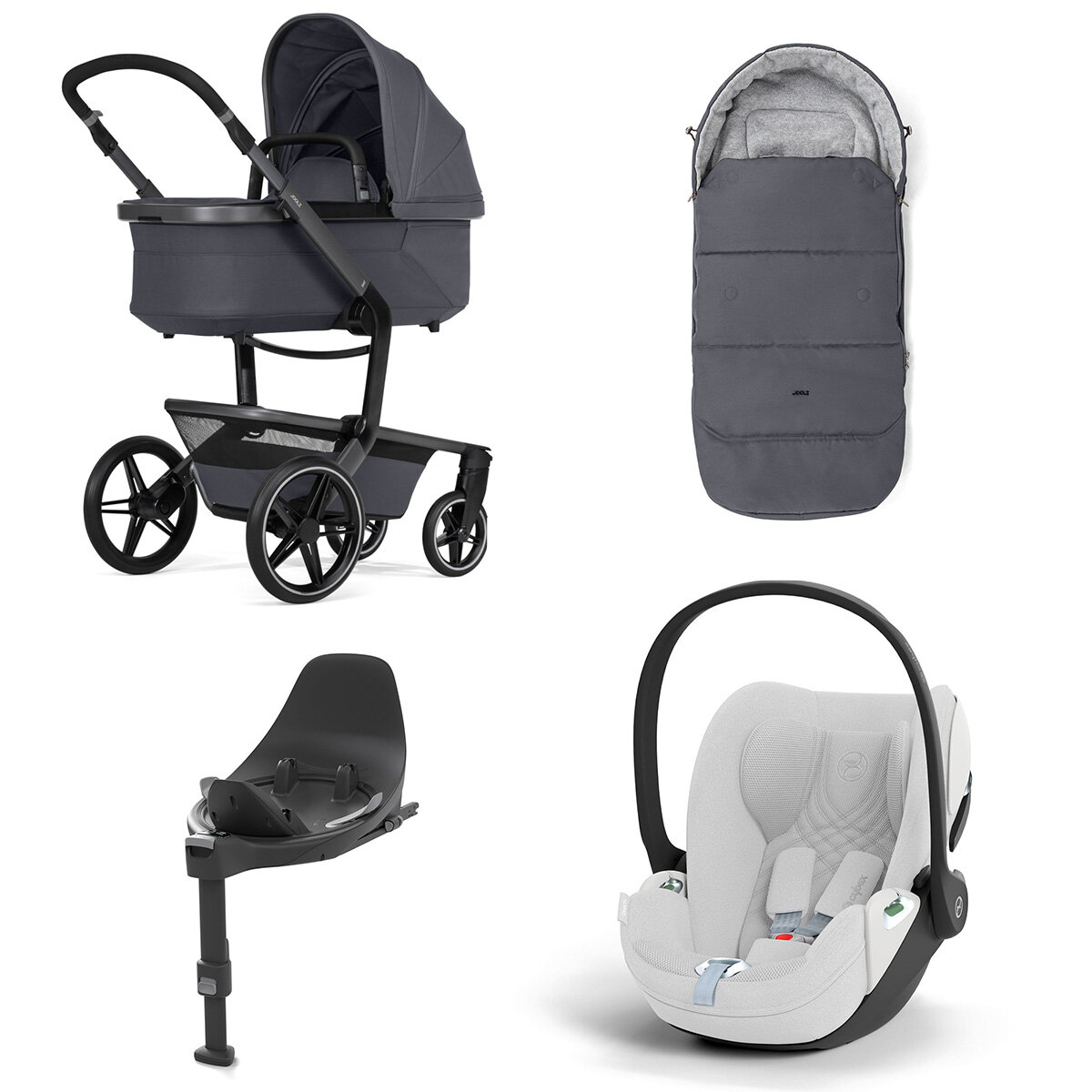 Joolz Day 5 Kinderwagen Set 4 in 1 inkl. Fußsack, Cybex Base T und Cybex Cloud T i-Size Plus Babyschale Stone Grey Cloud T i-Size Plus Platinum White