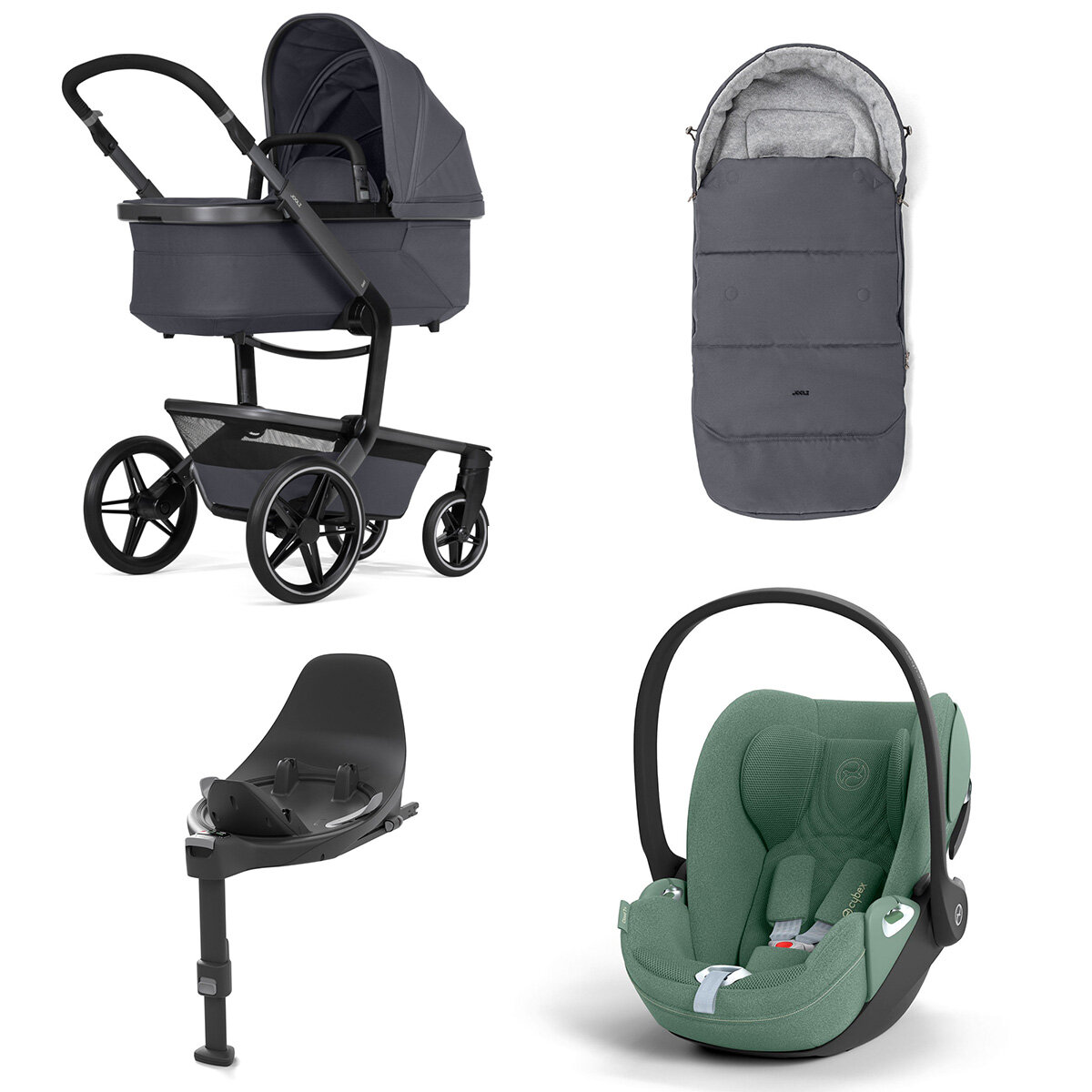 Joolz Day 5 Kinderwagen Set 4 in 1 inkl. Fußsack, Cybex Base T und Cybex Cloud T i-Size Plus Babyschale Stone Grey Cloud T i-Size Plus Leaf Green