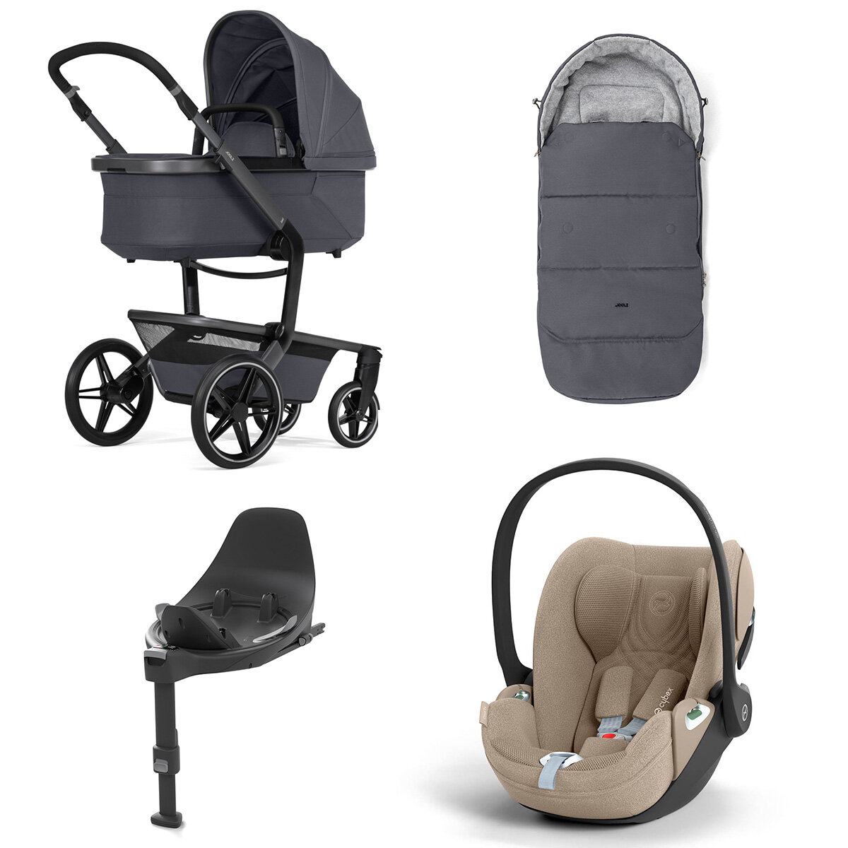 Joolz Day 5 Kinderwagen Set 4 in 1 inkl. Fußsack, Cybex Base T und Cybex Cloud T i-Size Plus Babyschale Stone Grey Cloud T i-Size Plus Cozy Beige