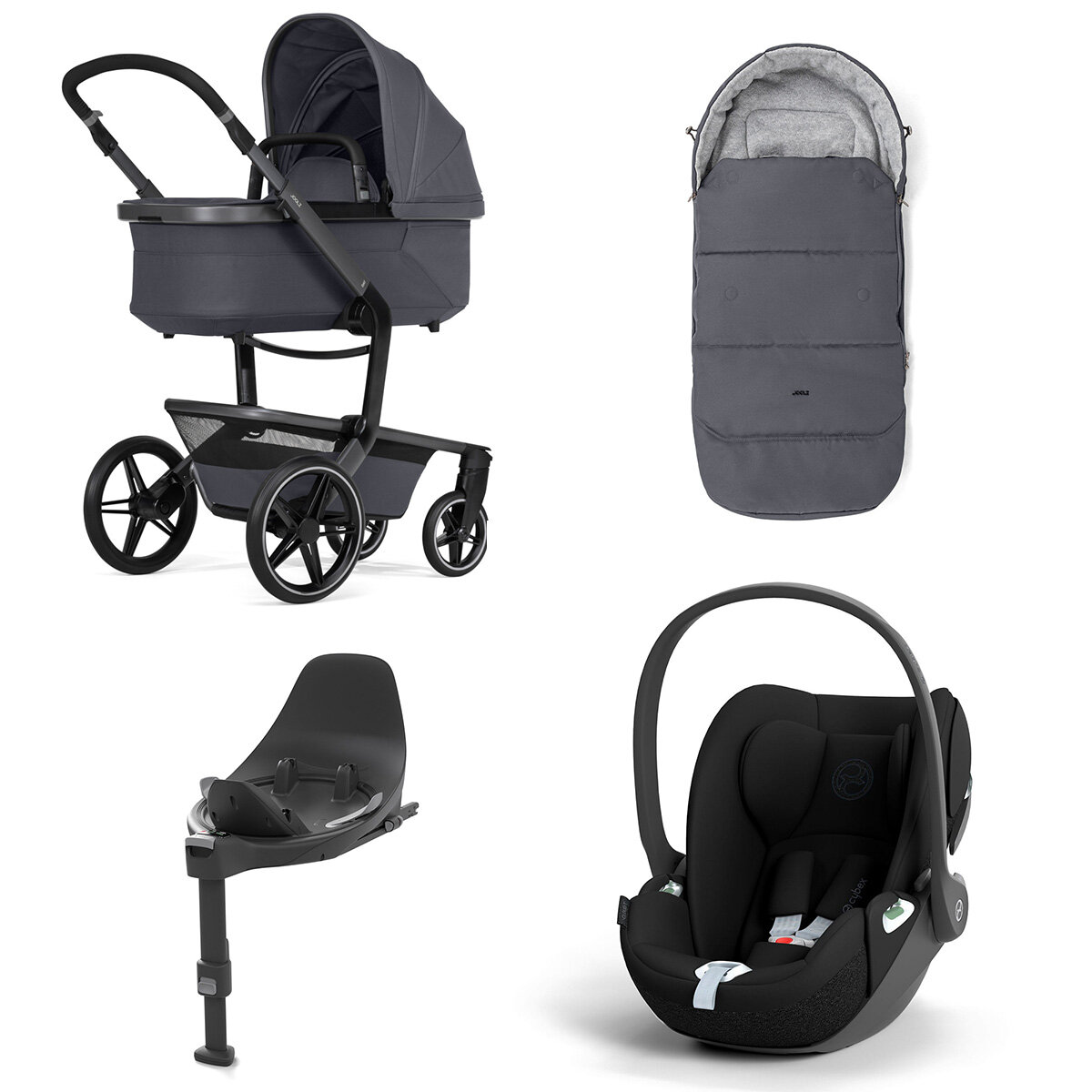 Joolz Day 5 Kinderwagen Set 4 in 1 inkl. Fußsack, Cybex Base T und Cybex Cloud T i-Size Plus Babyschale Stone Grey Cloud T i-Size Sepia Black