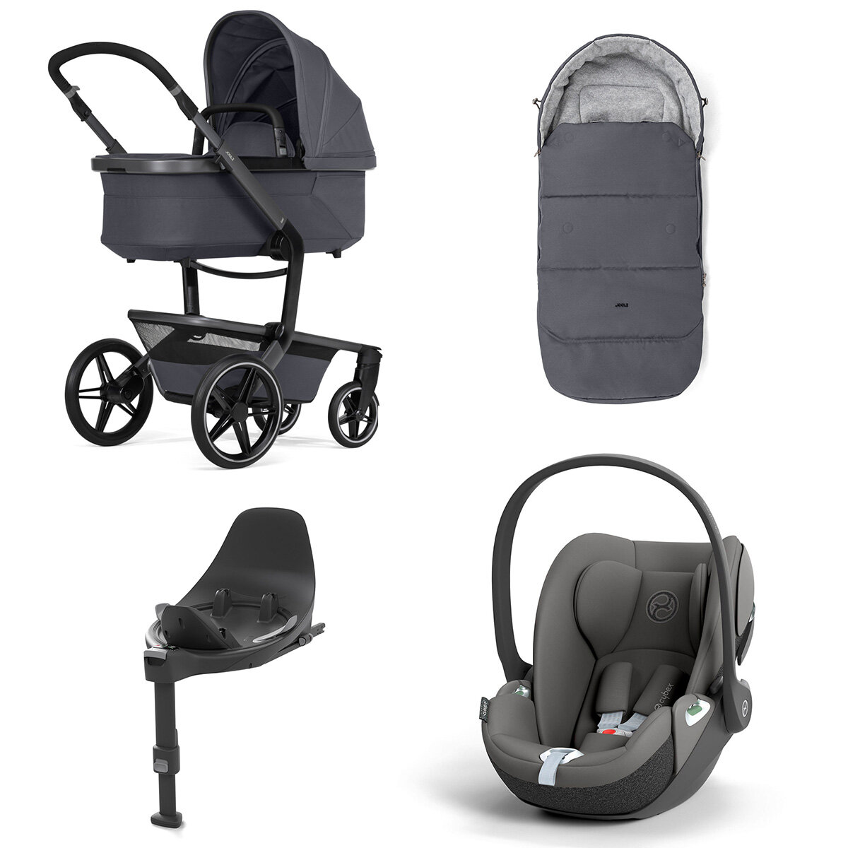 Joolz Day 5 Kinderwagen Set 4 in 1 inkl. Fußsack, Cybex Base T und Cybex Cloud T i-Size Plus Babyschale Stone Grey Cloud T i-Size Mirage Grey