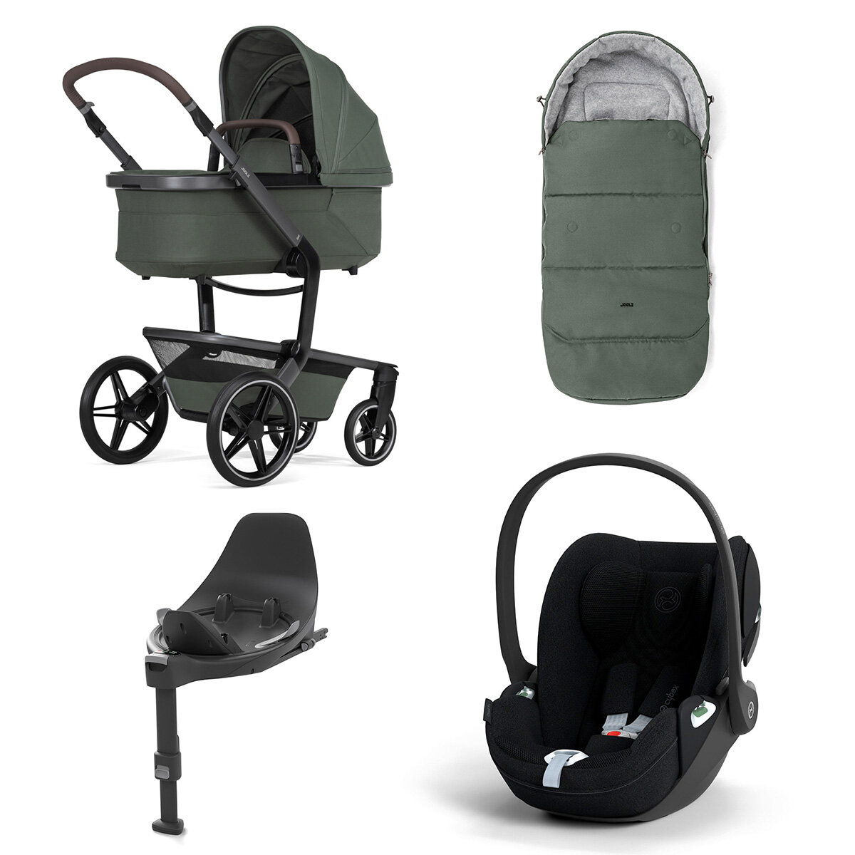 Joolz Day 5 Kinderwagen Set 4 in 1 inkl. Fußsack, Cybex Base T und Cybex Cloud T i-Size Plus Babyschale Forest Green Cloud T i-Size Plus Sepia Black