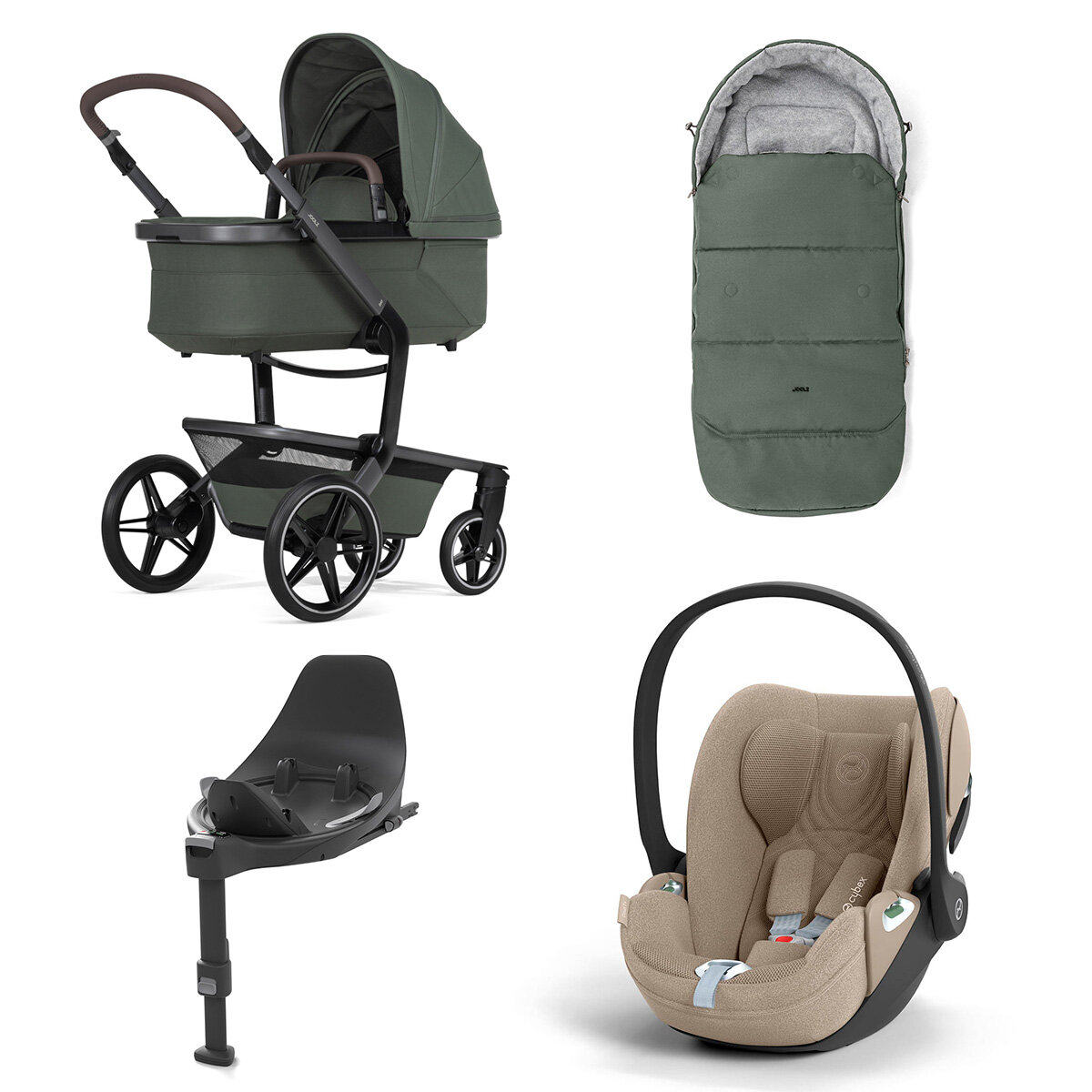 Joolz Day 5 Kinderwagen Set 4 in 1 inkl. Fußsack, Cybex Base T und Cybex Cloud T i-Size Plus Babyschale Forest Green Cloud T i-Size Plus Cozy Beige