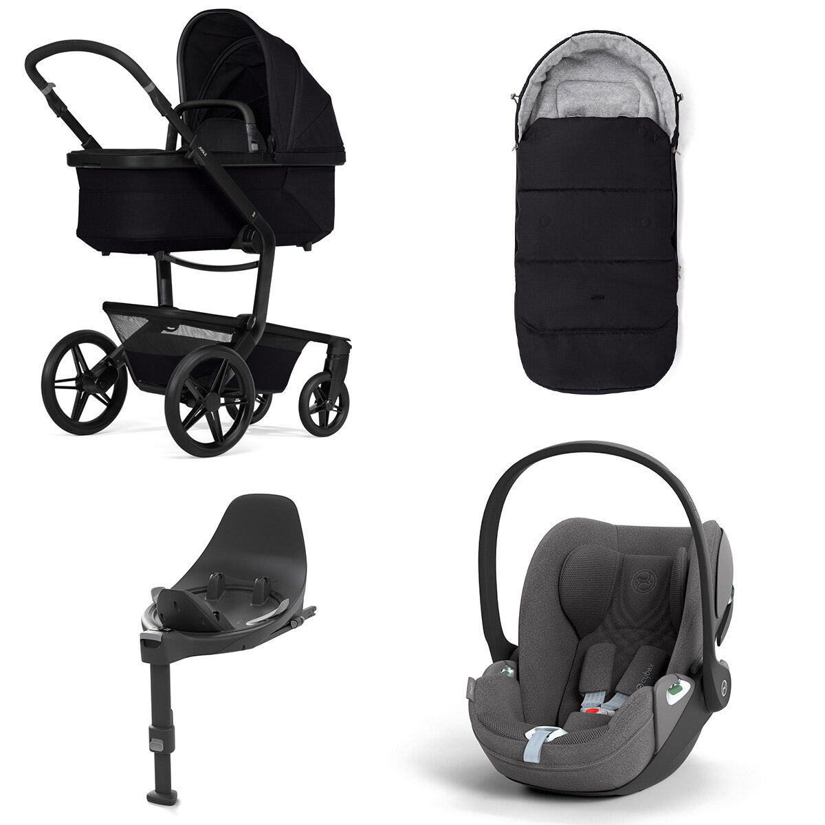 Joolz Day 5 Kinderwagen Set 4 in 1 inkl. Fußsack, Cybex Base T und Cybex Cloud T i-Size Plus Babyschale Space Black Cloud T i-Size Plus Mirage Grey