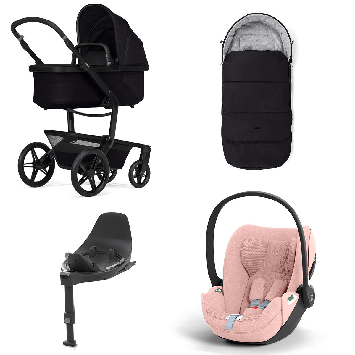 Joolz Day 5 Kinderwagen Set 4 in 1 inkl. Fußsack, Cybex Base T und Cybex Cloud T i-Size Plus Babyschale Space Black Cloud T i-Size Plus Peach Pink