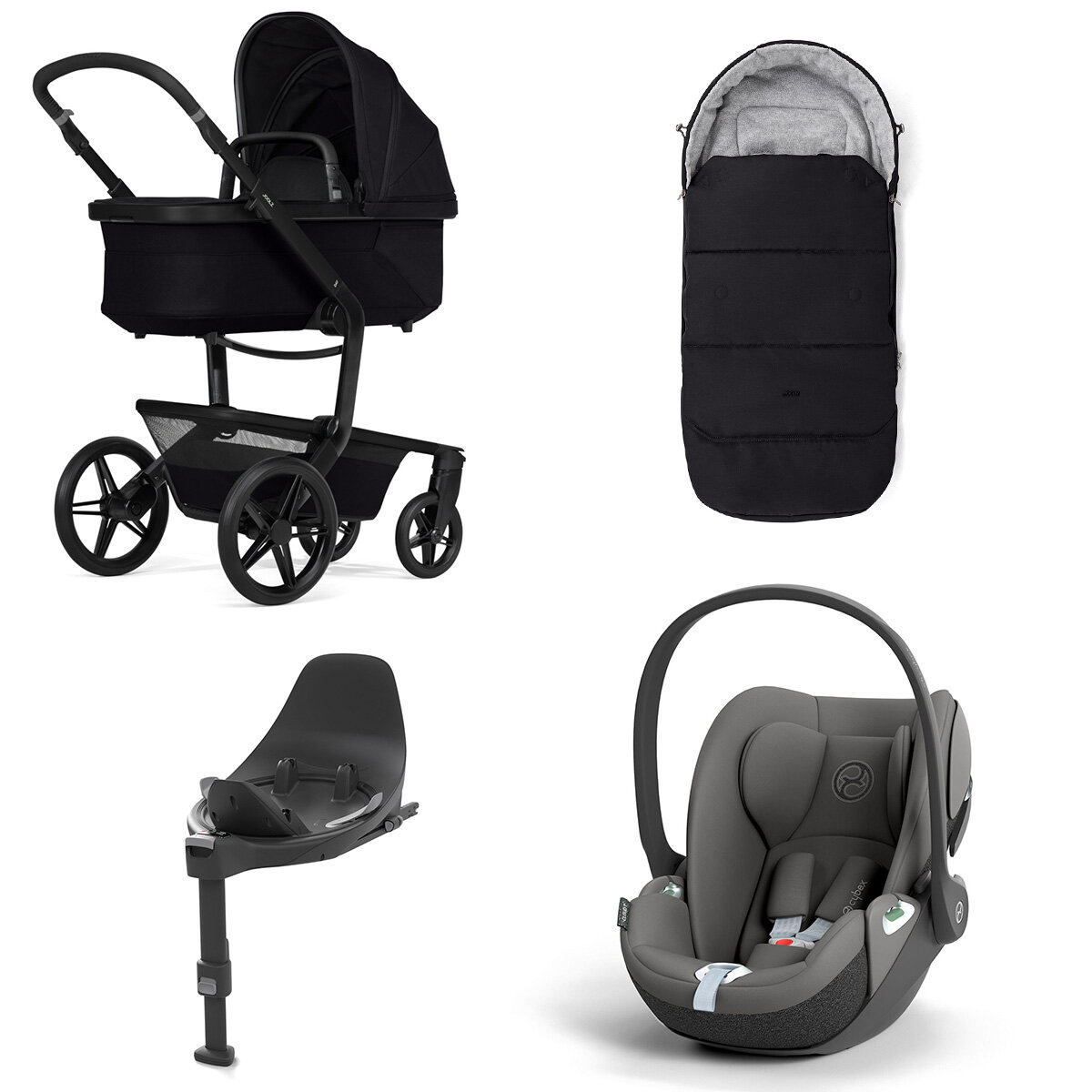 Joolz Day 5 Kinderwagen Set 4 in 1 inkl. Fußsack, Cybex Base T und Cybex Cloud T i-Size Plus Babyschale Space Black Cloud T i-Size Mirage Grey