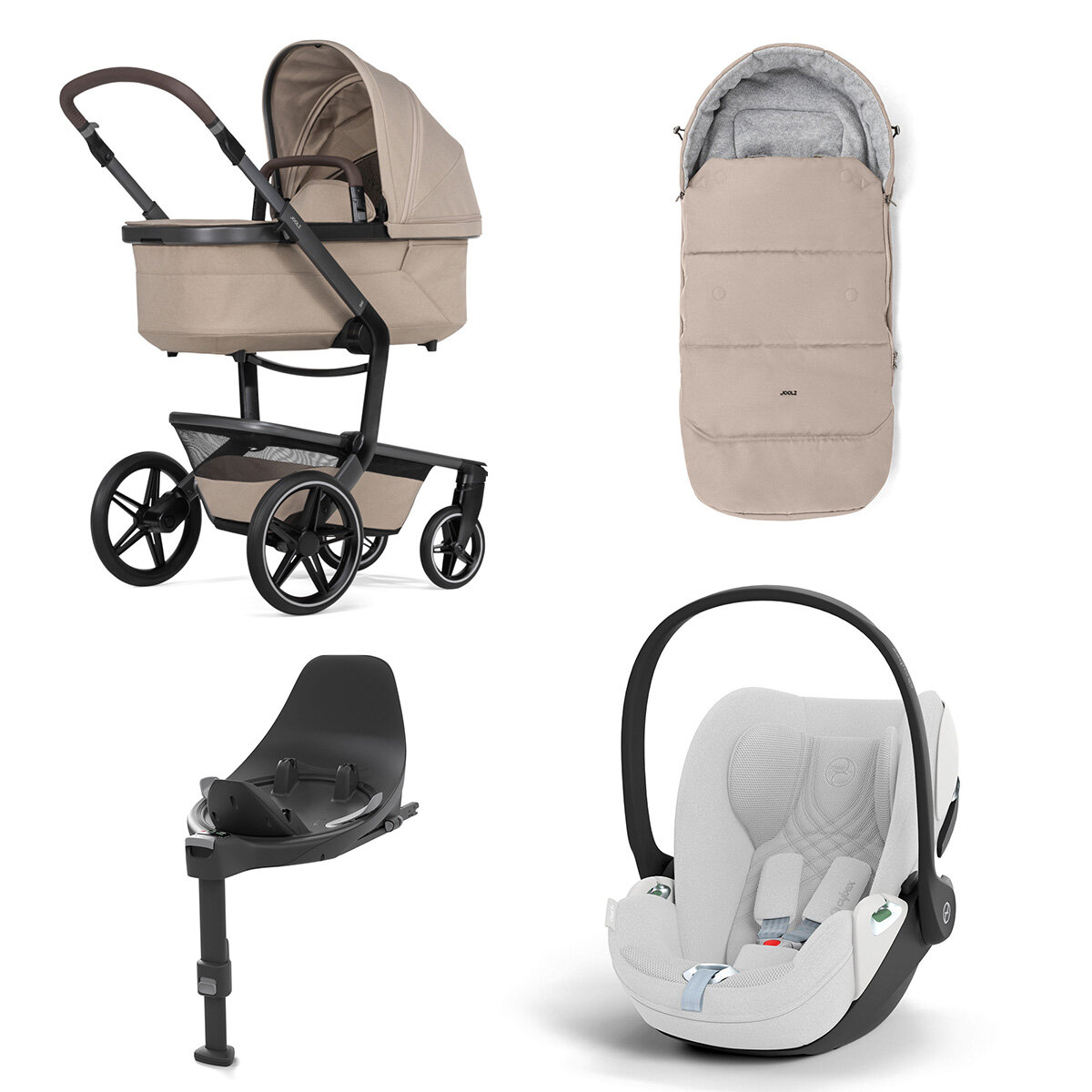 Joolz Day 5 Kinderwagen Set 4 in 1 inkl. Fußsack, Cybex Base T und Cybex Cloud T i-Size Plus Babyschale Sandy Taupe Cloud T i-Size Plus Platinum White