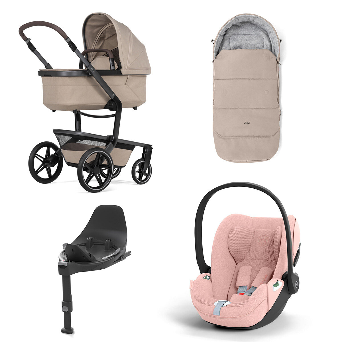Joolz Day 5 Kinderwagen Set 4 in 1 inkl. Fußsack, Cybex Base T und Cybex Cloud T i-Size Plus Babyschale Sandy Taupe Cloud T i-Size Plus Peach Pink