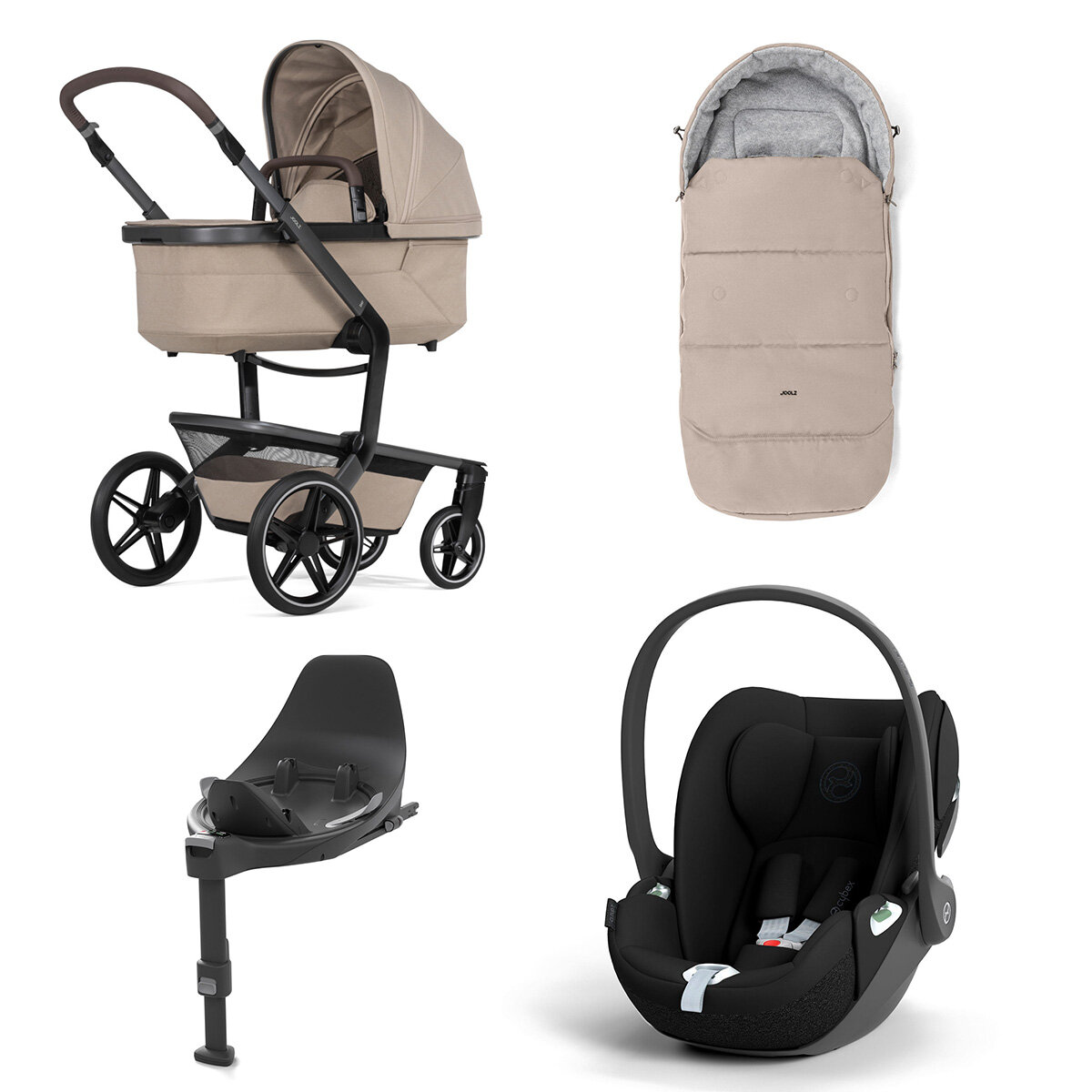 Joolz Day 5 Kinderwagen Set 4 in 1 inkl. Fußsack, Cybex Base T und Cybex Cloud T i-Size Plus Babyschale Sandy Taupe Cloud T i-Size Sepia Black